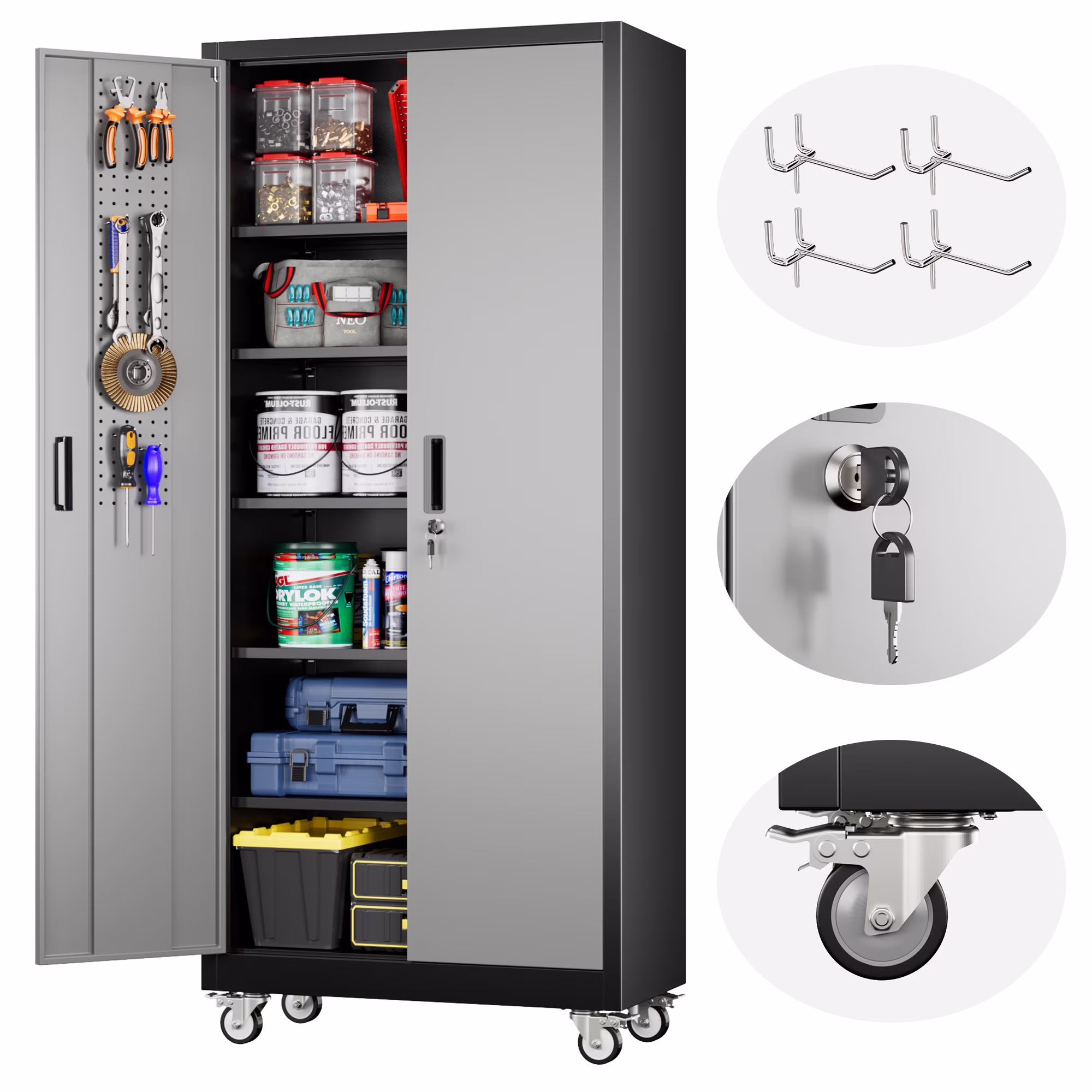 SUPEER Metal Rolling Storage Cabinets with Locking Doors and 5 Adjustable Shelves, Steel Garage Storage Cabinet for Garage, Office, Classroom, Assemble Required(Black)