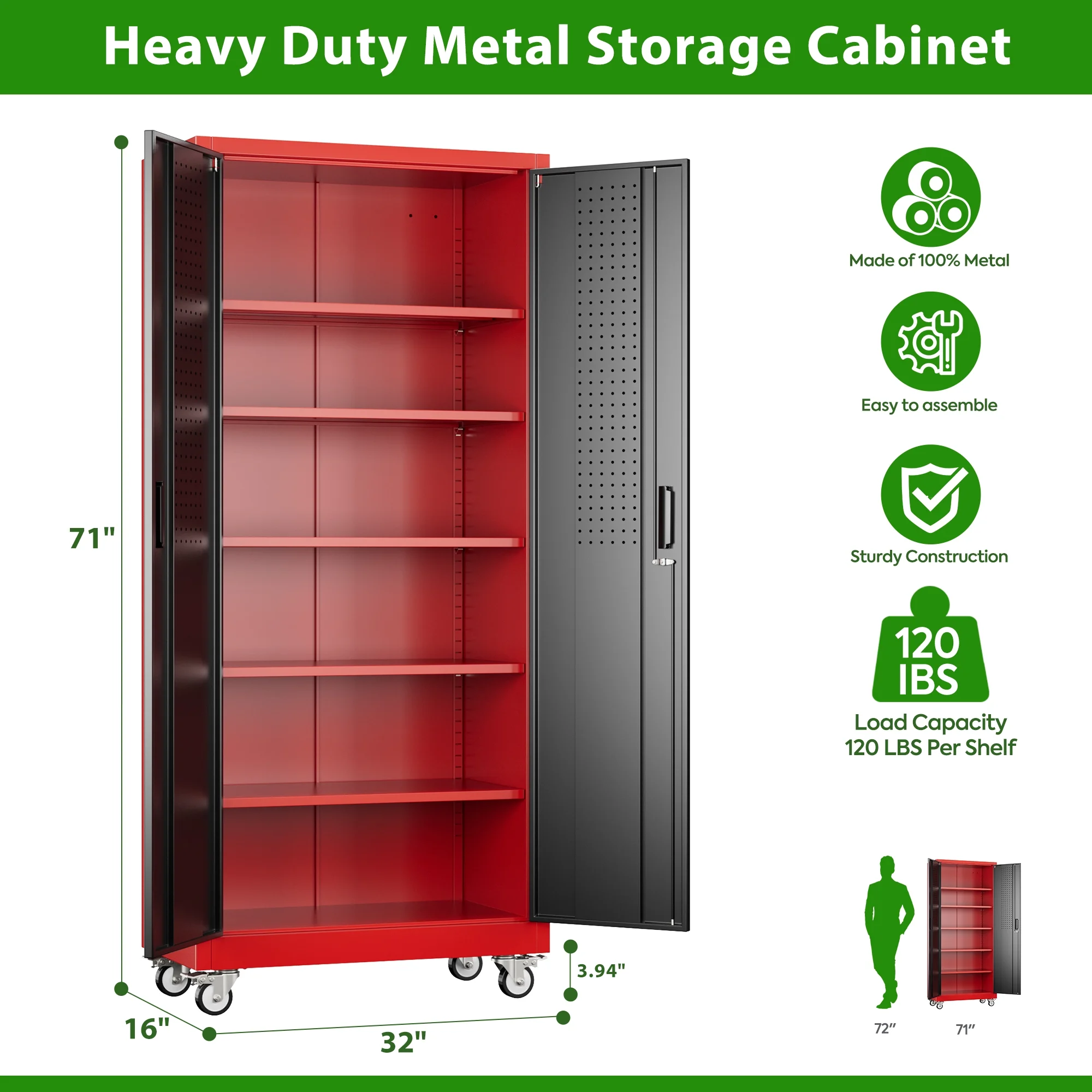 SUPEER Metal Rolling Storage Cabinets with Locking Doors and 5 Adjustable Shelves, Steel Garage Storage Cabinet for Garage, Office, Classroom, Assemble Required(Black)