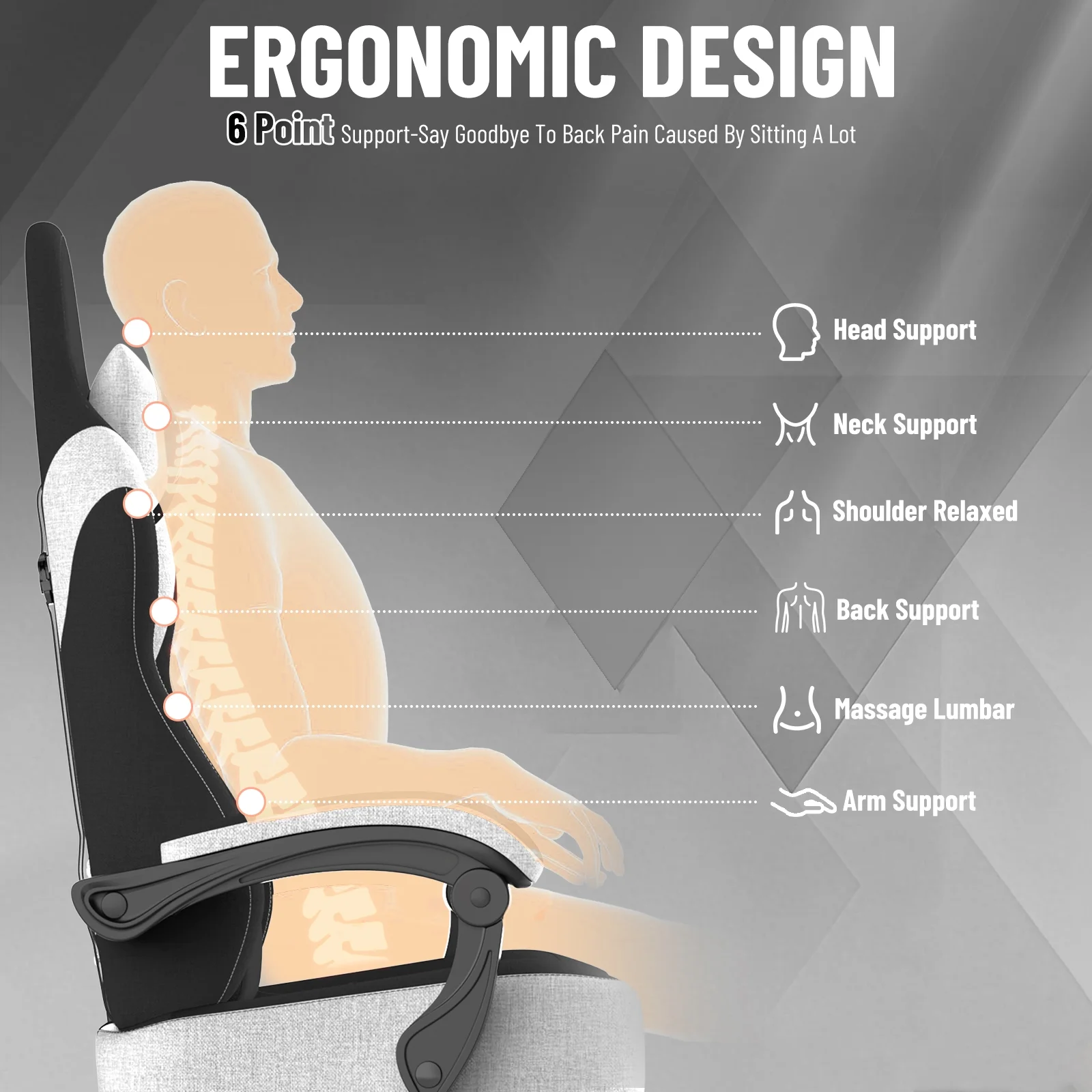 SOONTRANS Gaming Chair for Adults, Ergonomic Linen Fabric Computer Chair with Massage Lumbar Pillow, Gamer Game Chair with Adjustable Headrest, Comfortable Office Chair for Home, White