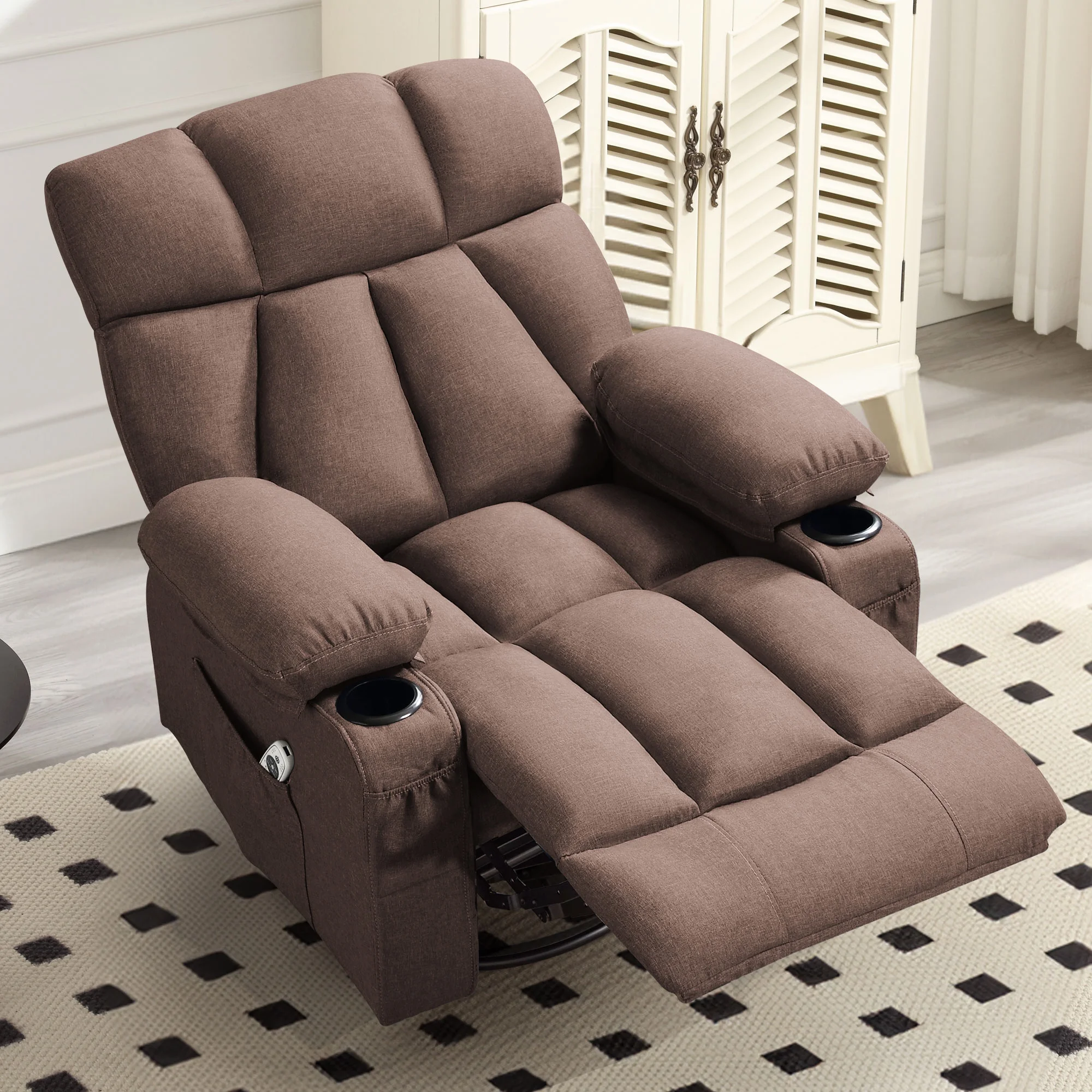 JONPONY Manual Recliner Chair with Heat Therapy and Massage Function, Heavy Duty Reclining Mechanism Massage Chair, Elderly Single Rocker Sofa with Cup Holders for Bedroom Home Theater,Grey