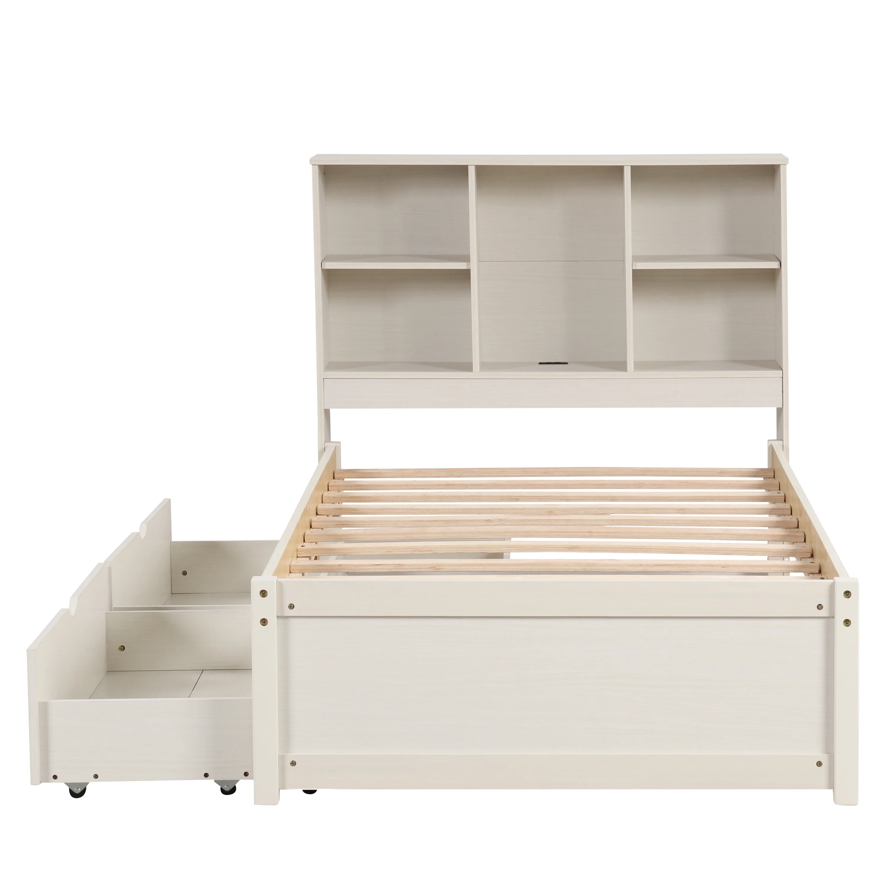 Miniyam Twin Size Bed with Built-in USB Port, Bookcase, Drawers for Kids and Teens, White