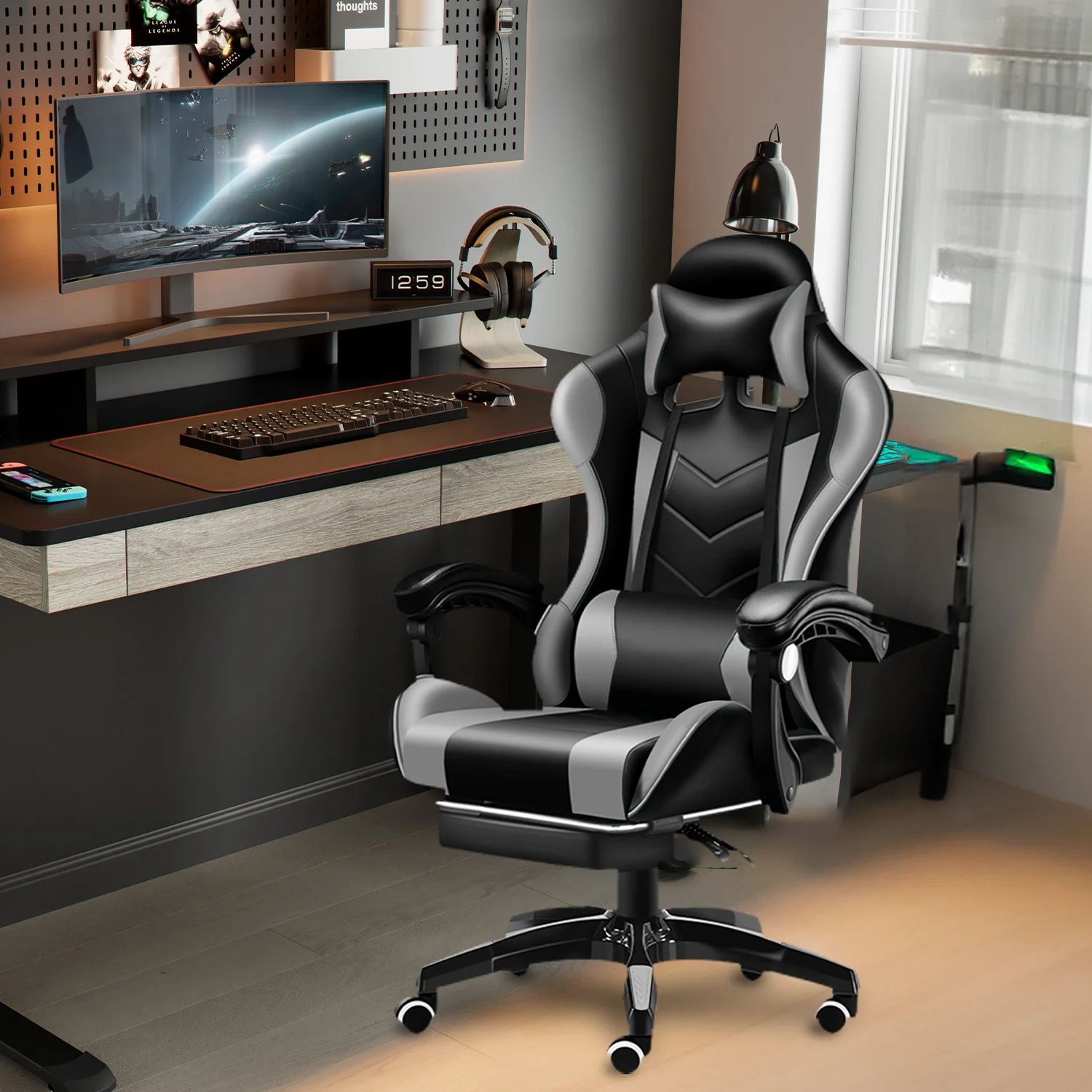 Gaming Chair with Adjustable Footrest,Eighteentek High Back Office Chair with Lumbar Support & Adjustable Headrest Video Game Chairs for Adults Black