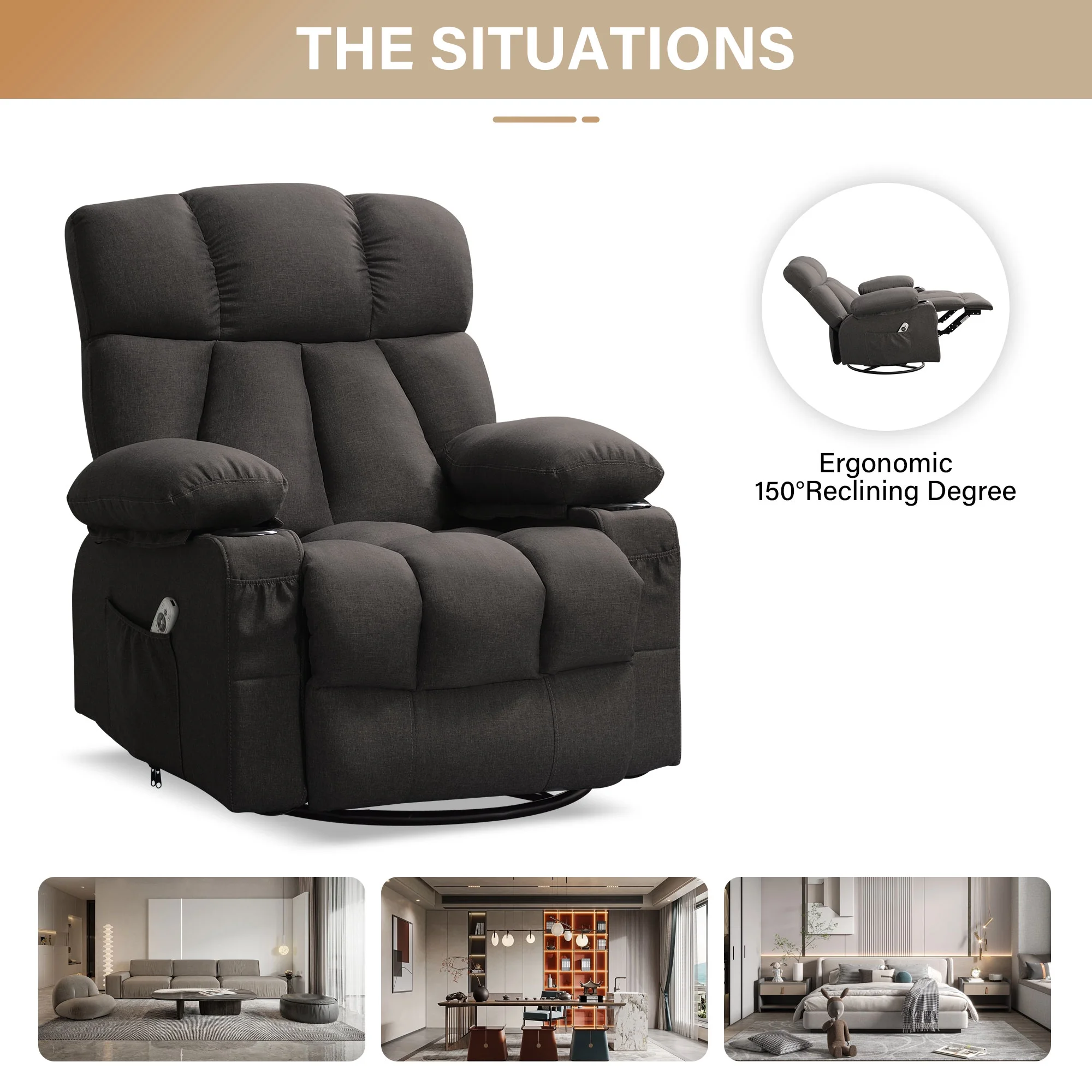 JONPONY Manual Recliner Chair with Heat Therapy and Massage Function, Heavy Duty Reclining Mechanism Massage Chair, Elderly Single Rocker Sofa with Cup Holders for Bedroom Home Theater,Grey