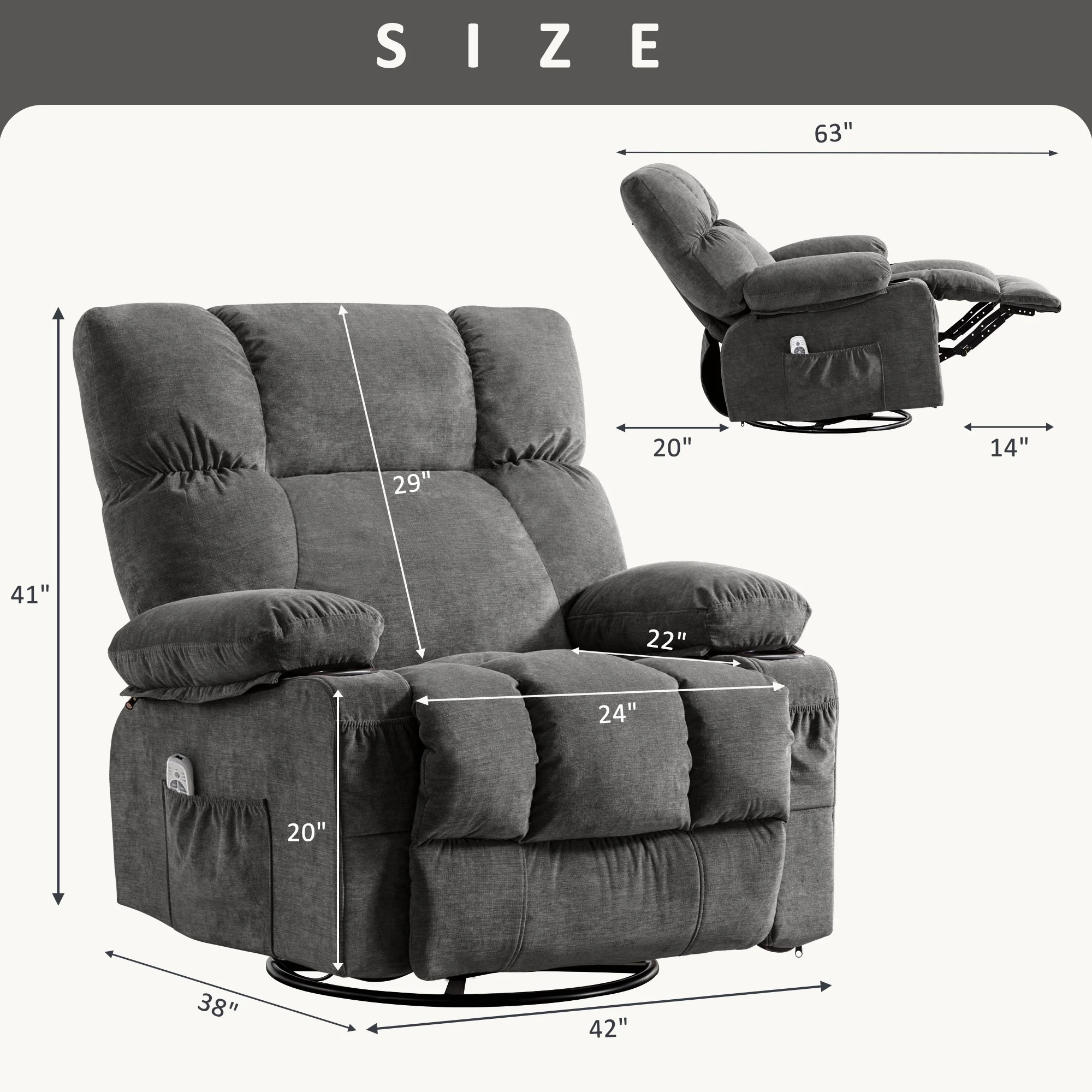 JONPONY Manual Recliner Chair with Heat Therapy and Massage Function, Heavy Duty Reclining Mechanism Massage Chair, Elderly Single Rocker Sofa with Cup Holders for Bedroom Home Theater,Grey