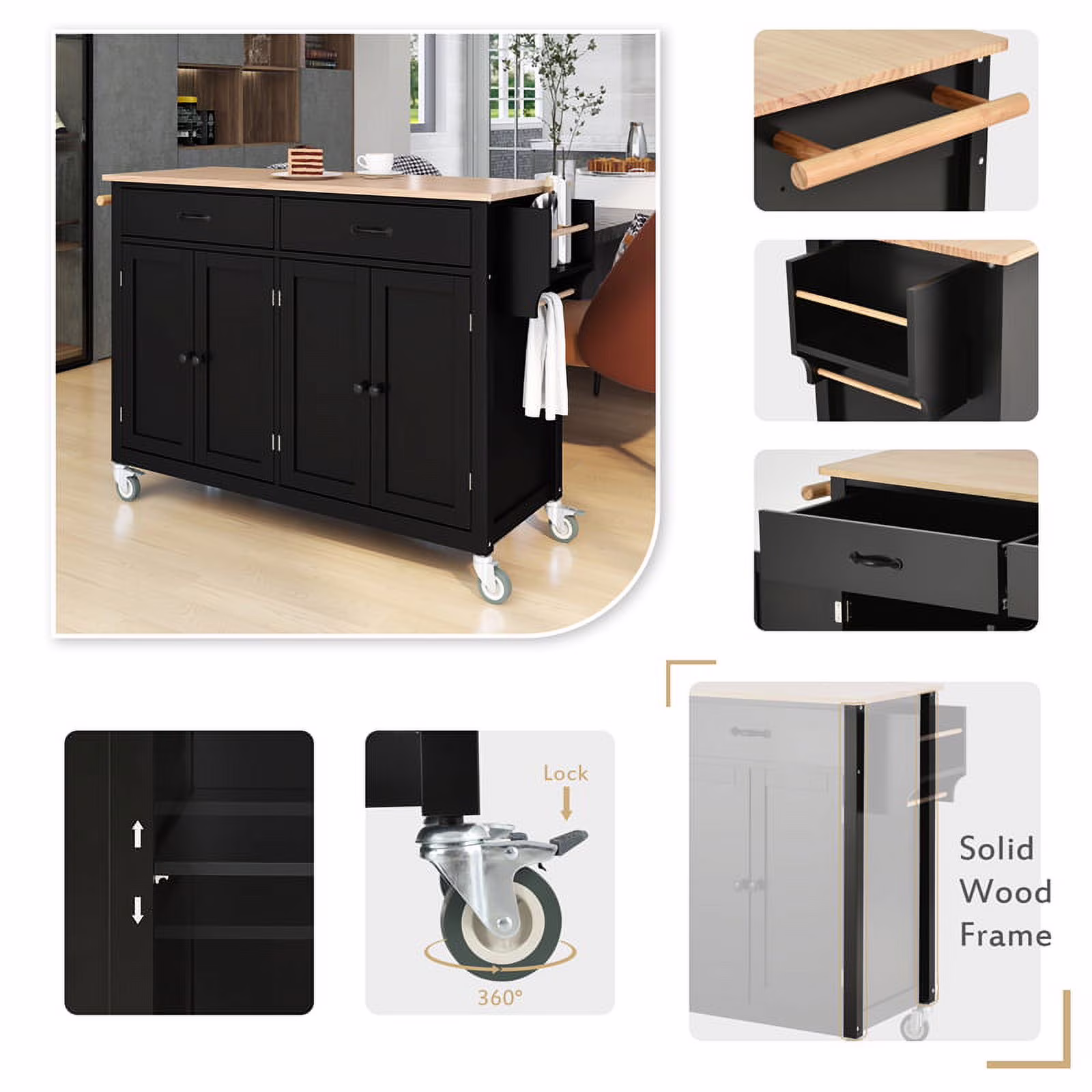 Kitchen Storage Islands&Carts with Solid Wood Top and Locking Wheels, Kitchen Island Cart with 4 Door Cabinet and Two Drawers, Kitchen Cabinets for Kitchen and Dining Room, Green