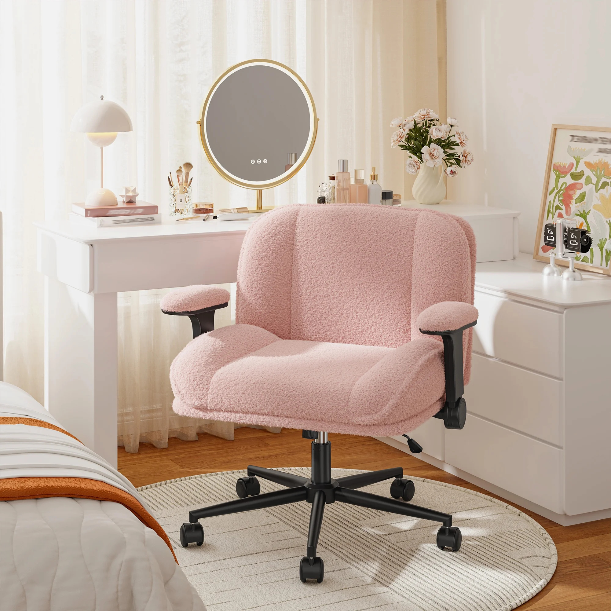 Romorgniz Criss Cross Chair with Adjustable Arms & Lumbar Support Office Chair with Reclining Back, Thick Cushion & Wheels for Office, Gaming, Reading, Vanity, Off-White