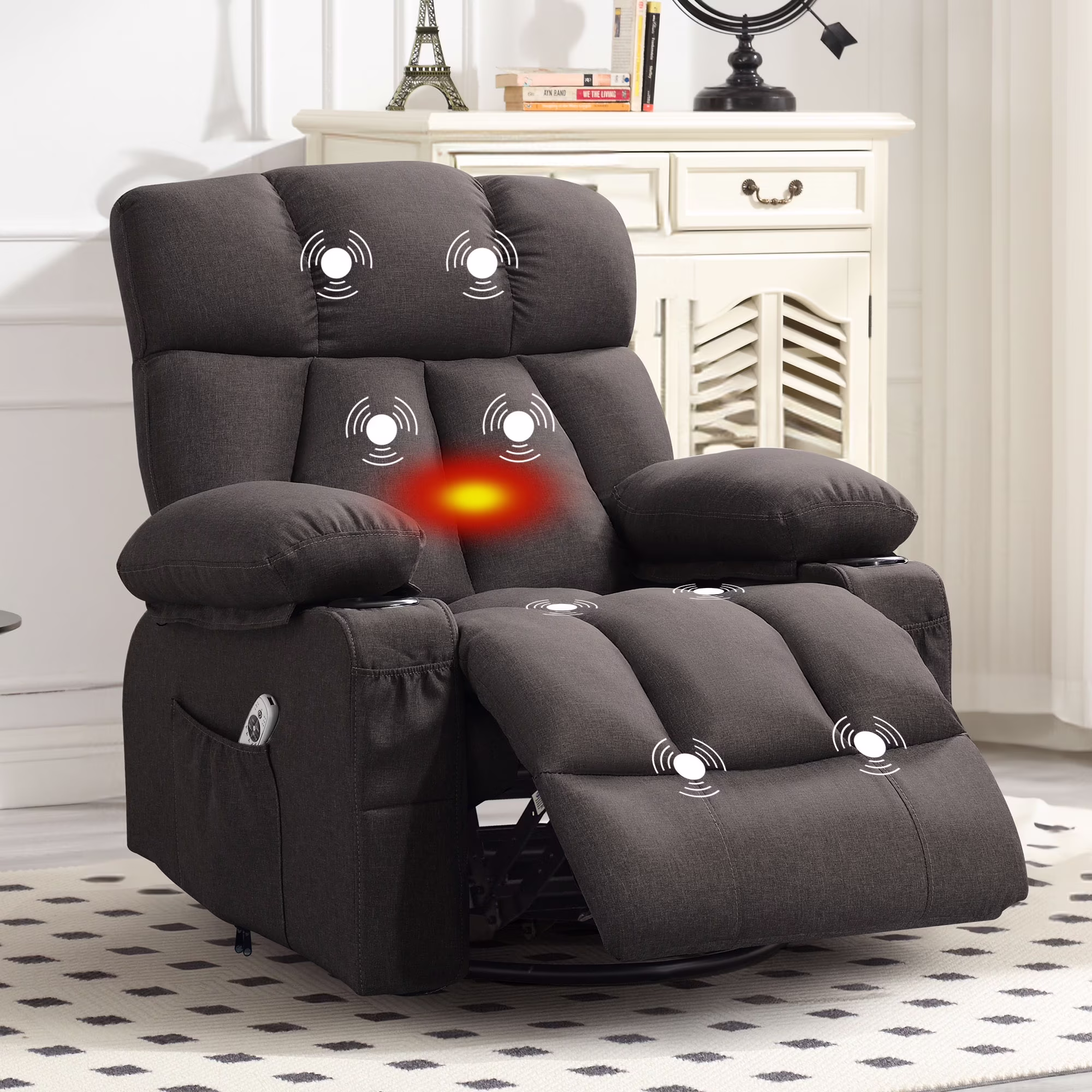 JONPONY Manual Recliner Chair with Heat Therapy and Massage Function, Heavy Duty Reclining Mechanism Massage Chair, Elderly Single Rocker Sofa with Cup Holders for Bedroom Home Theater,Grey