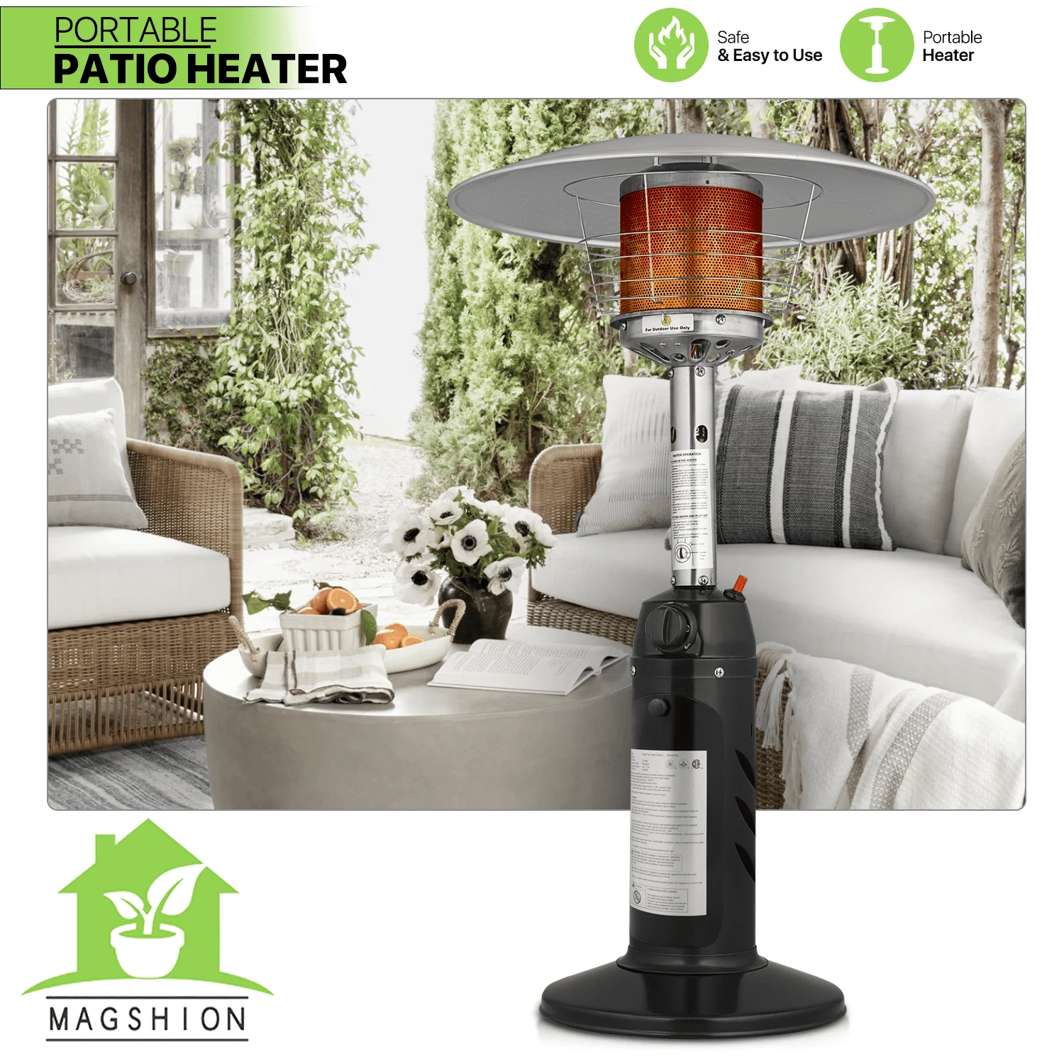 Magshion 11,000 BTU Stainless Steel Patio Heater Portable Propane Gas Standing Tabletop Patio Heater with Pilot Light for Outside Garden, Black