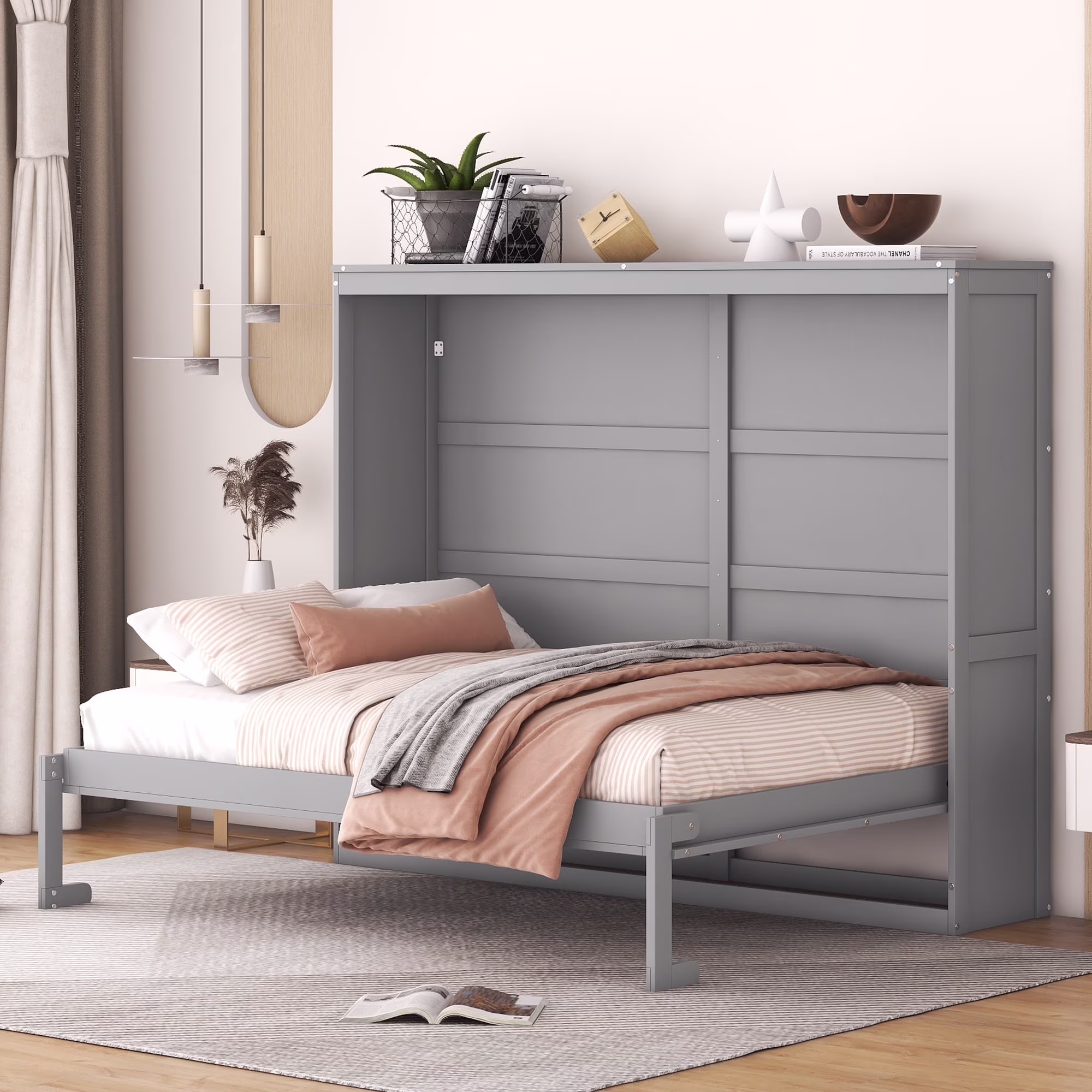 Harper & Bright Designs Full Size Murphy Bed Space-Saving Foldable Wooden Wall Bed with a Shelf for Guest Room Home Office, Gray