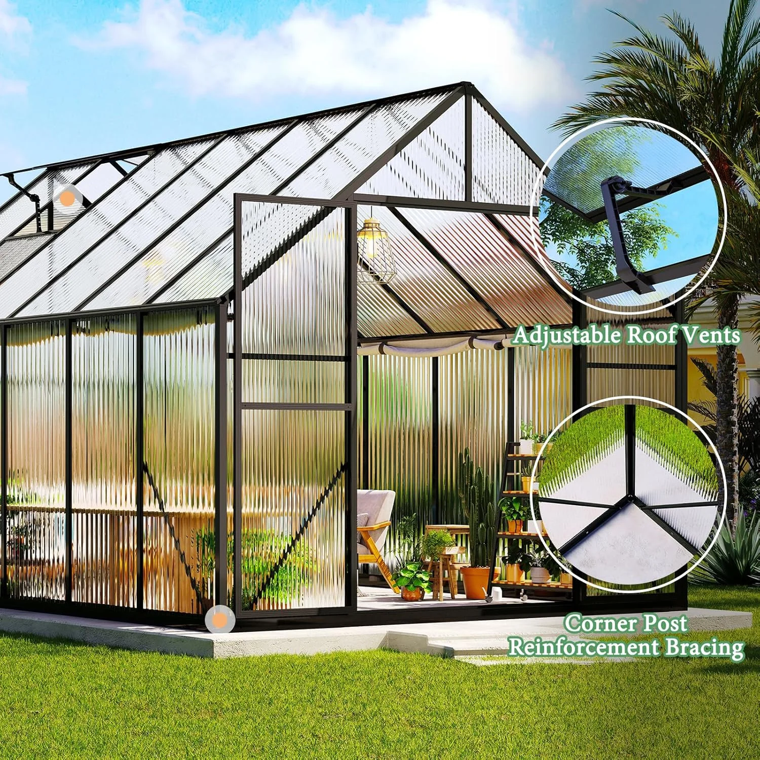 Jocisland 8x8x7 FT Polycarbonate Walk-In Greenhouse with Aluminum Frame, 2 Top-Opening Windows & 2 Swing Doors, Heavy Duty for Outdoor Garden Use, Black
