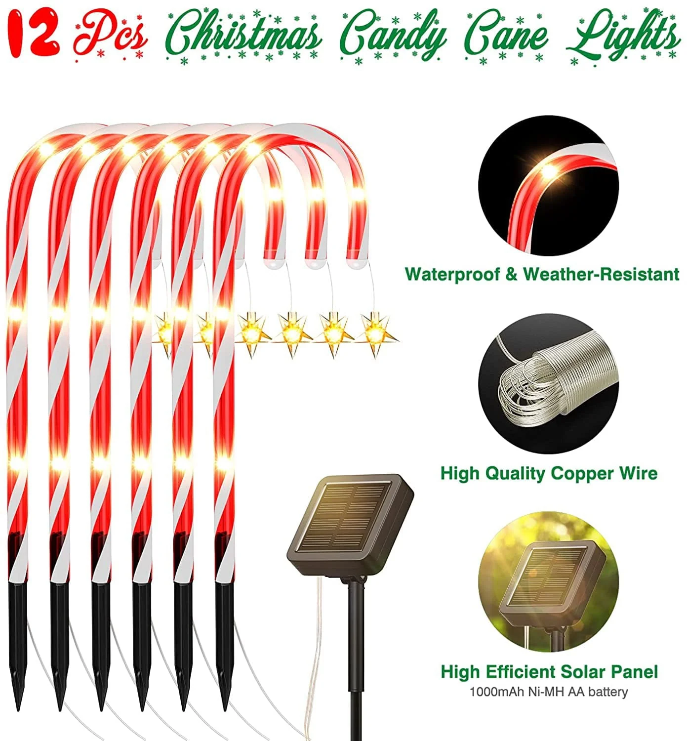 Outdoor Christmas Decorations,12 Pack Solar Christmas Candy Cane Lights with Wireless Remote Control & Bigger Solar Panel, 9 Modes Bright All Night Solar Christmas Yard Pathway Decorations