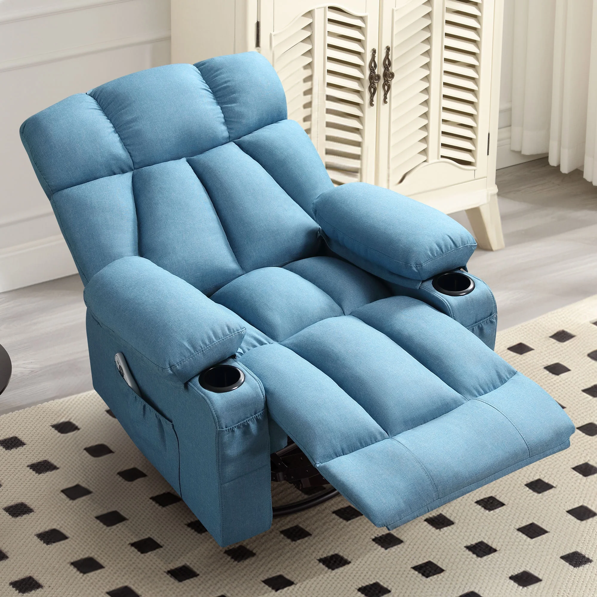 JONPONY Manual Recliner Chair with Heat Therapy and Massage Function, Heavy Duty Reclining Mechanism Massage Chair, Elderly Single Rocker Sofa with Cup Holders for Bedroom Home Theater,Grey