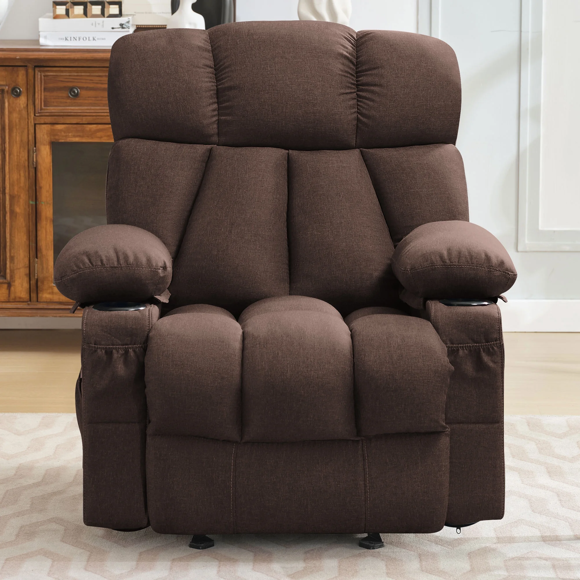 JONPONY Manual Recliner Chair with Heat Therapy and Massage Function, Heavy Duty Reclining Mechanism Massage Chair, Elderly Single Rocker Sofa with Cup Holders for Bedroom Home Theater,Grey