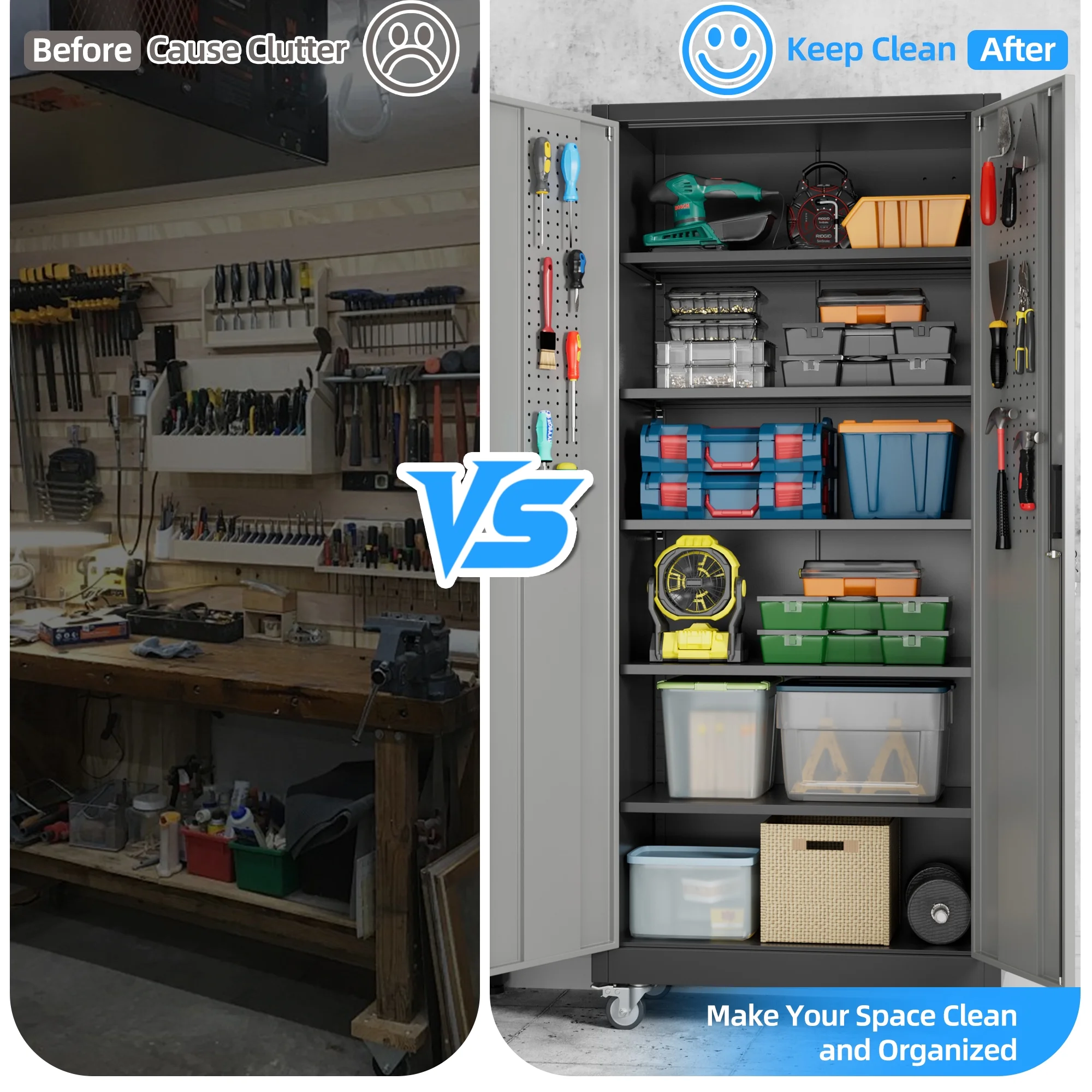 SUPEER Metal Rolling Storage Cabinets with Locking Doors and 5 Adjustable Shelves, Steel Garage Storage Cabinet for Garage, Office, Classroom, Assemble Required(Black)