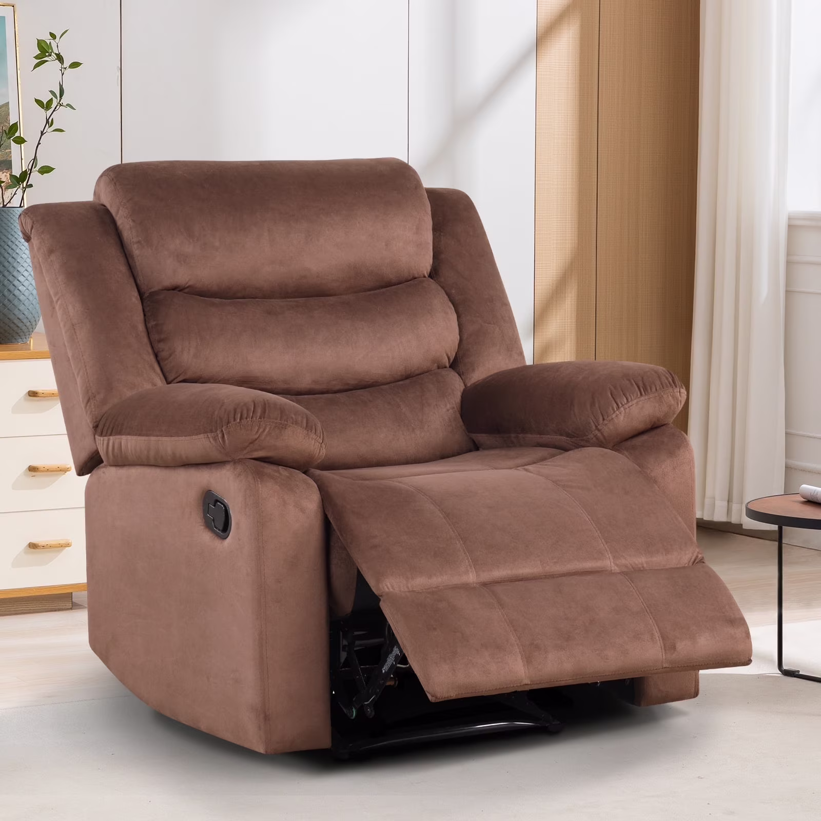 Bonzy Home Recliner Chairs for Living Room Overstuffed Breathable Fabric Reclining Chair Manual Sofa Brown