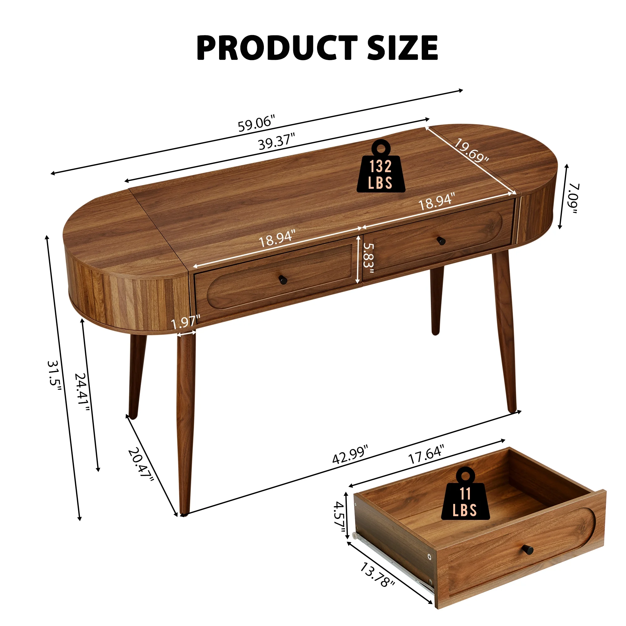 YOCWO Modern Home Office Desk with  2 Drawers and 2 Fflip-top Storage, Oval Computer PC Desk Table, Vanity Desk with Fluted Curved Table Edge, Walnut