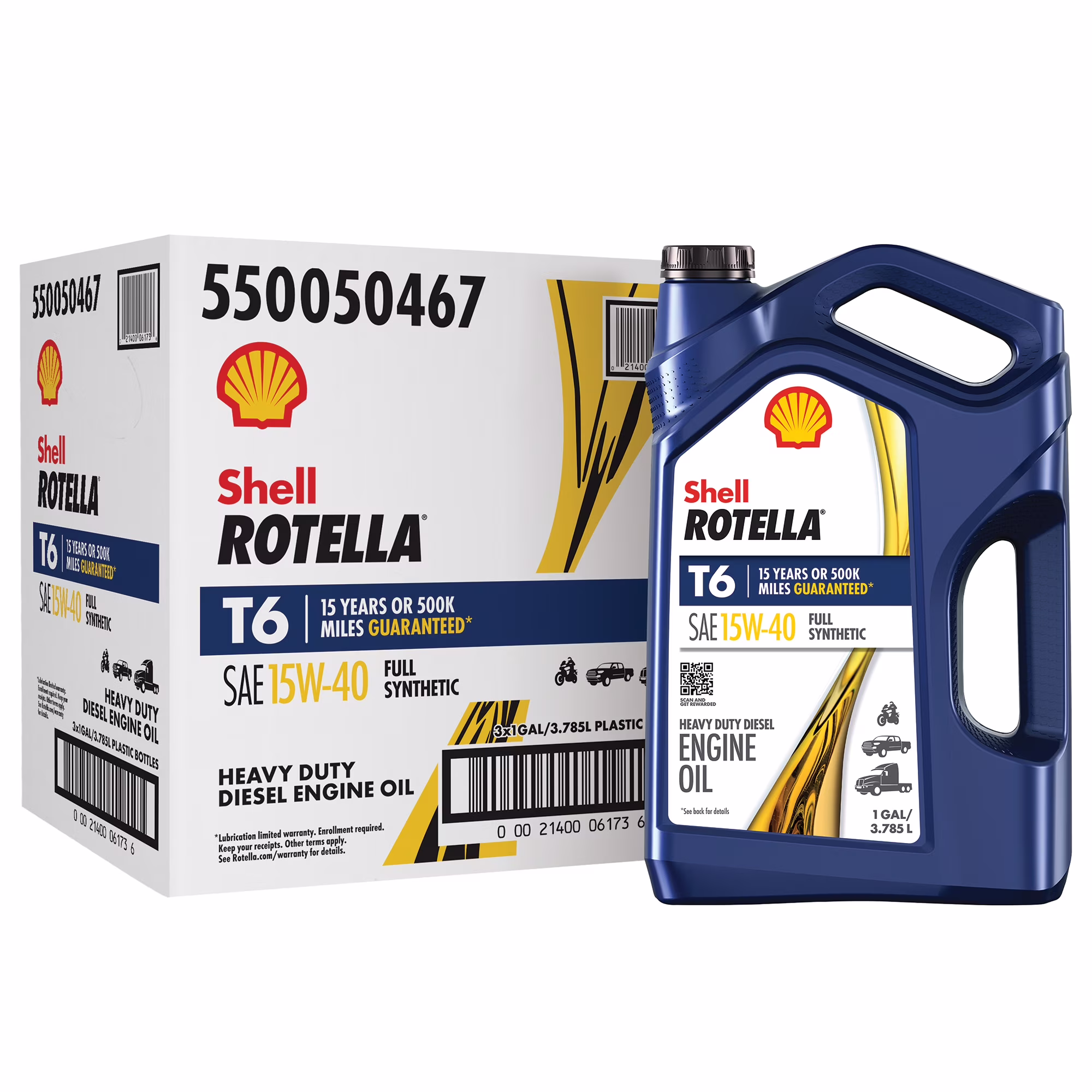 (3 pack) Shell Rotella T6 Full Synthetic 15W-40 Motor Oil, 1 Gallon (3 Pack)