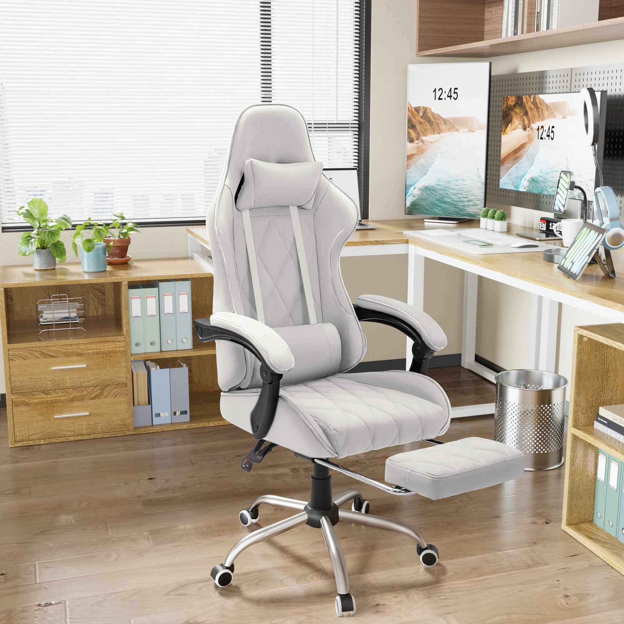 Homall Gaming Chair Fabric Computer Chair Massage Game Chair Cloth Office Chair with Headrest, Lumbar Support & Footrest,Gray