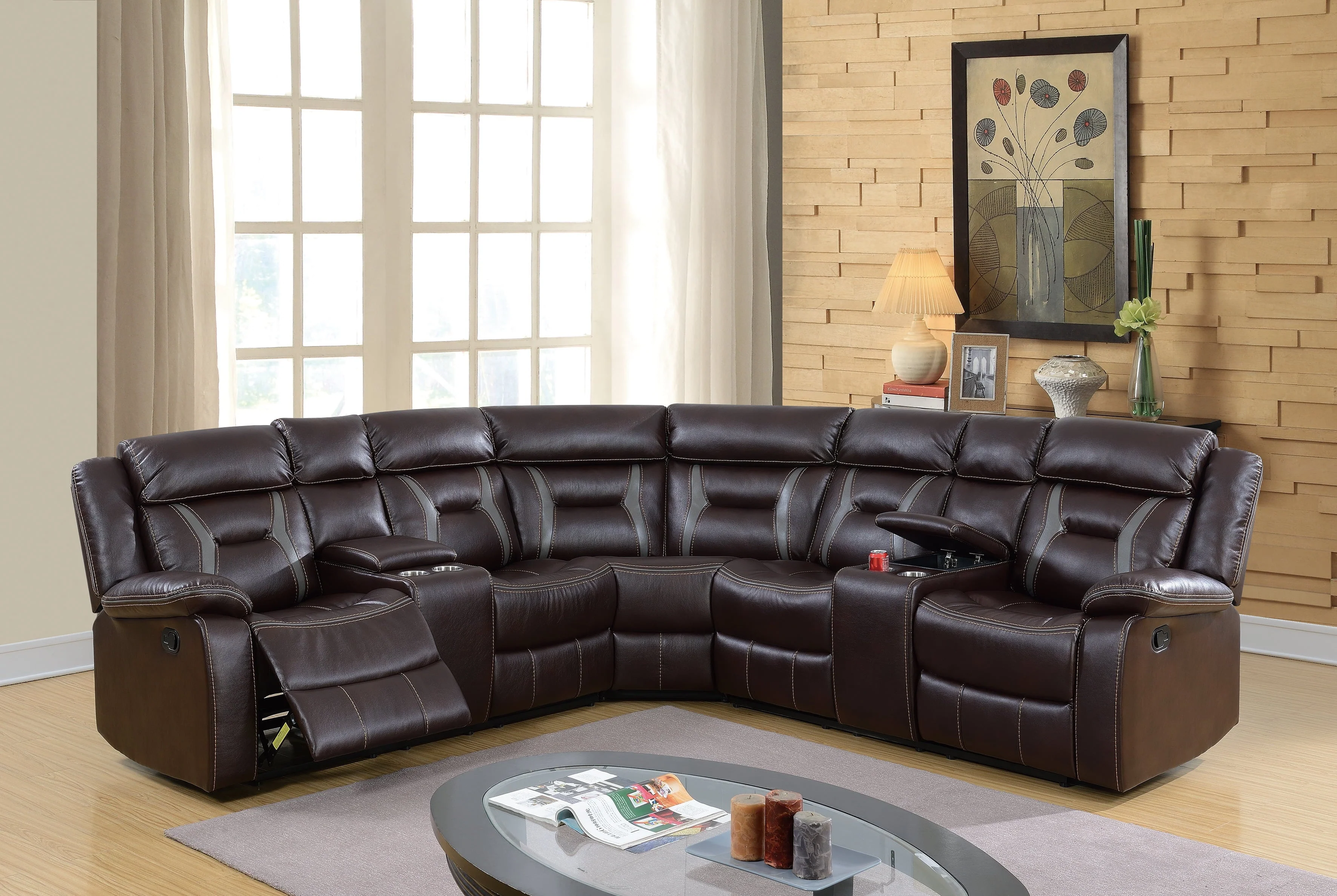 Living Room 3pcs Reclining Motion Sectional Sofa Gel Leatherette Loveseat Console Corner Wedge Dark Brown Cushion Couch