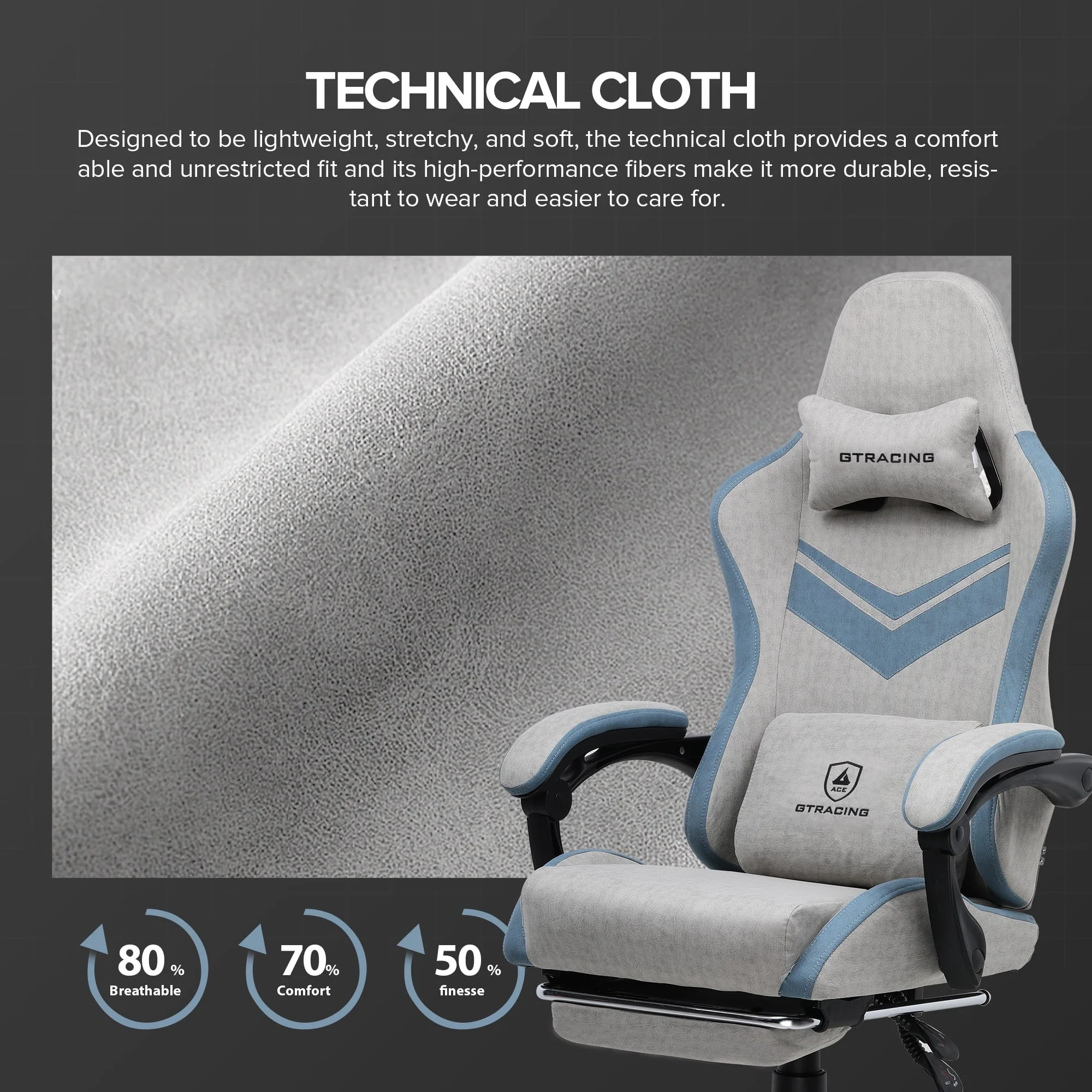 GTRACING Ergonimic Fabric Reclining Gaming Chair with Footrest and Linkage Armrests, Gray