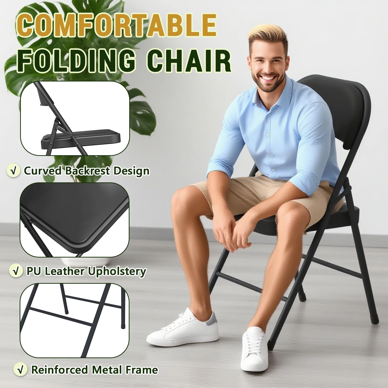 MAKE CHANGES 4 Pcs Folding Chairs, PU Leather Padded Folding Chairs with Padded Cushion and Back, Portable Lightweight Stackable Sillas Para Fiestas for Home, Office, Party, Indoor & Outdoor, Black