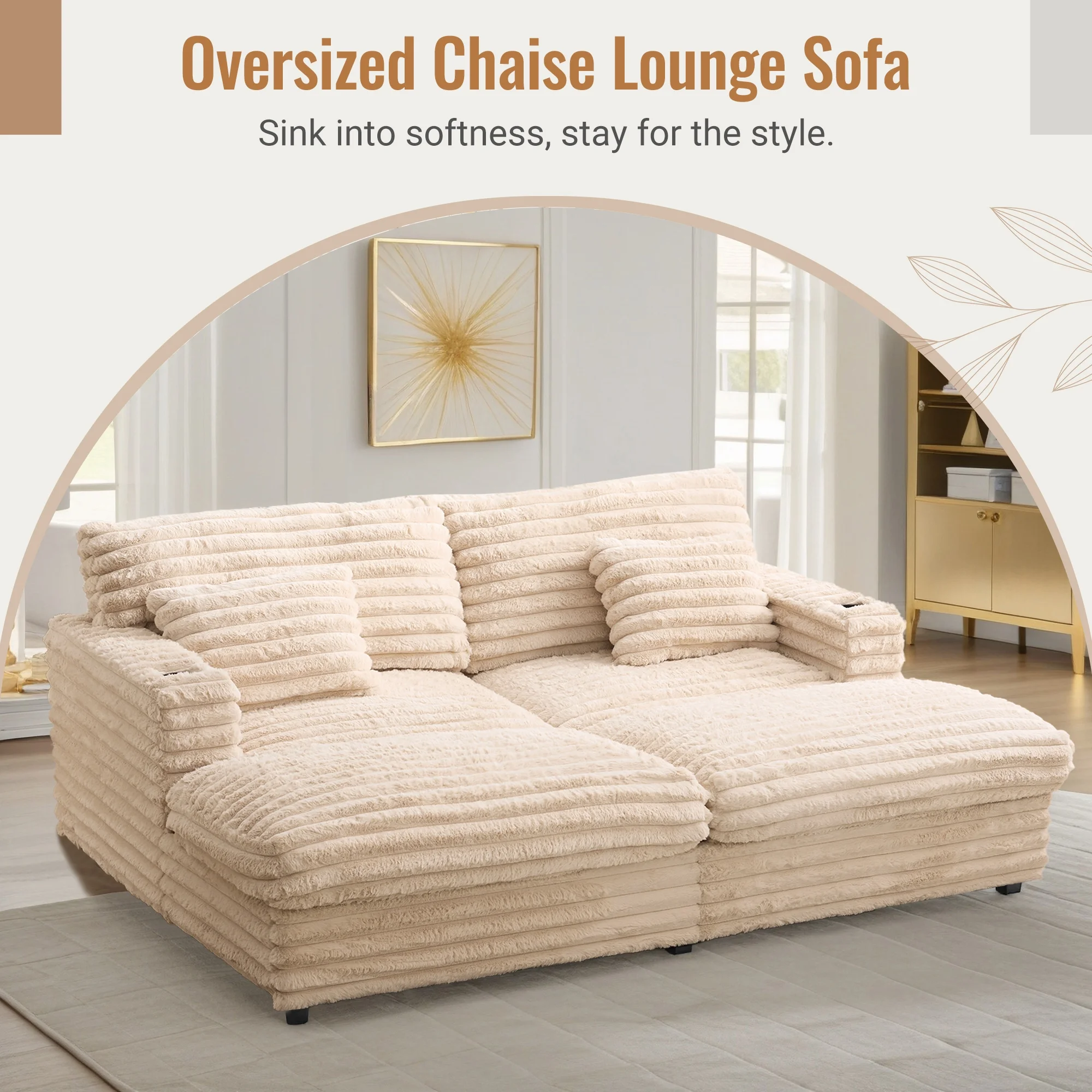 Oversized Double Chaise Lounge, Faux Fur Upholstered Deep Seat Sofa with 2 Pillows, 2 Cupholders, and Dual USB Ports