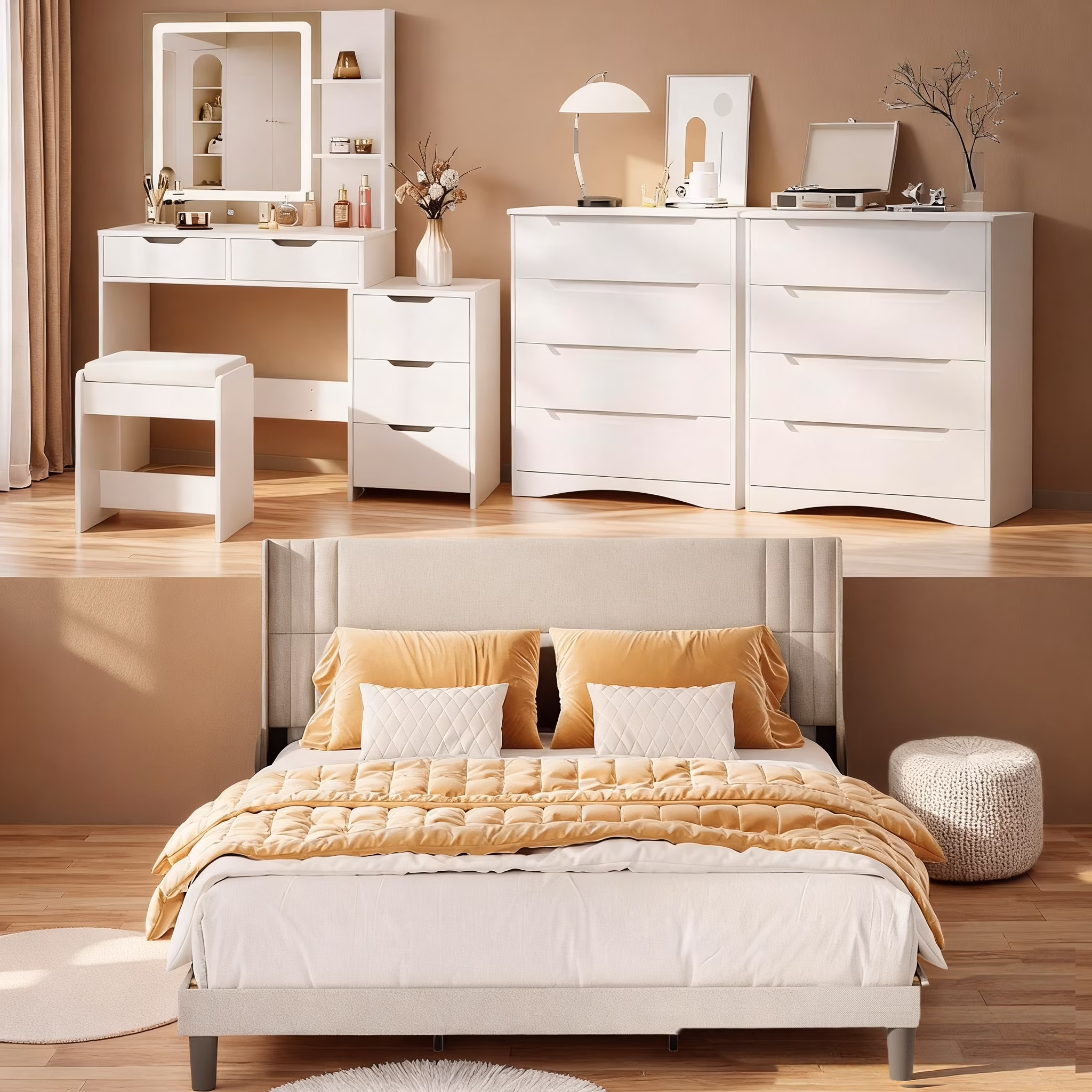 Bedroom Furniture Set,Lofka Queen Bed Frame, 2 Wood 4 Drawer Dressers &Vanity Desk with Table, Mirror and Lights for Large Bedrooms
