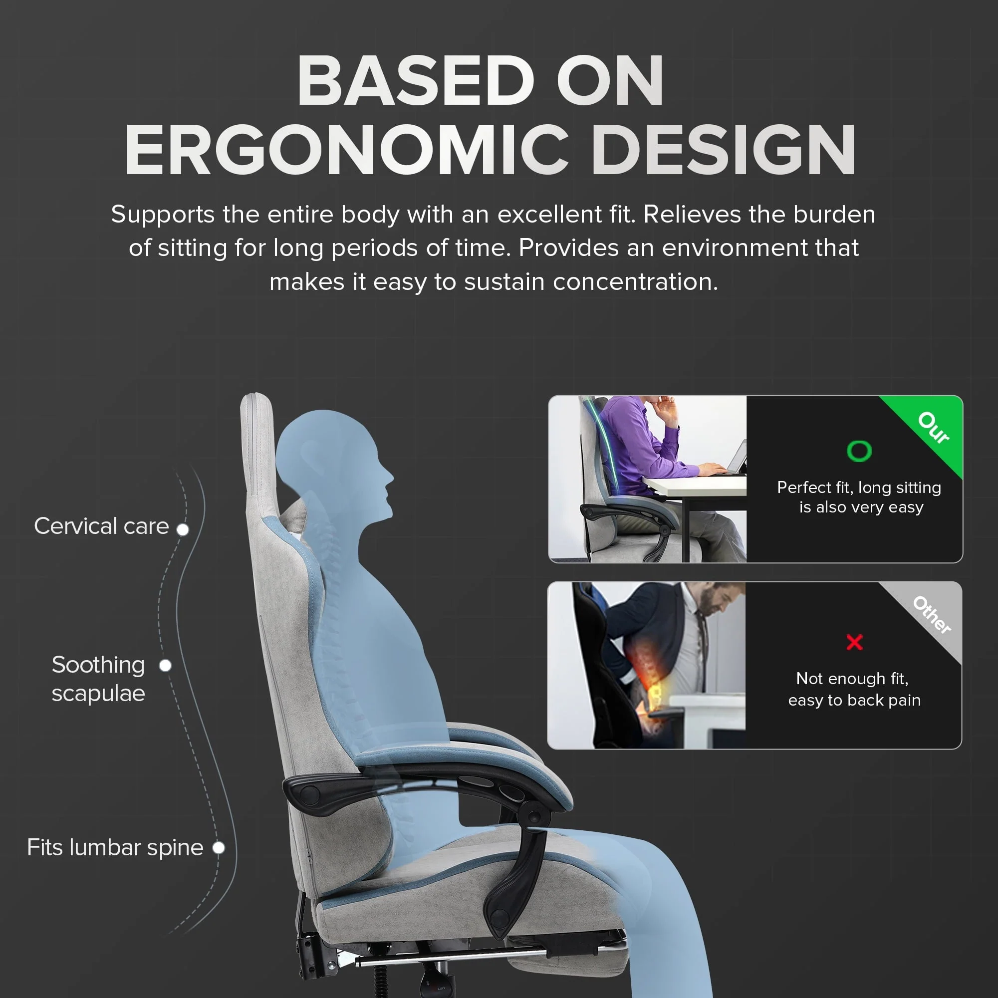 GTRACING Ergonimic Fabric Reclining Gaming Chair with Footrest and Linkage Armrests, Gray
