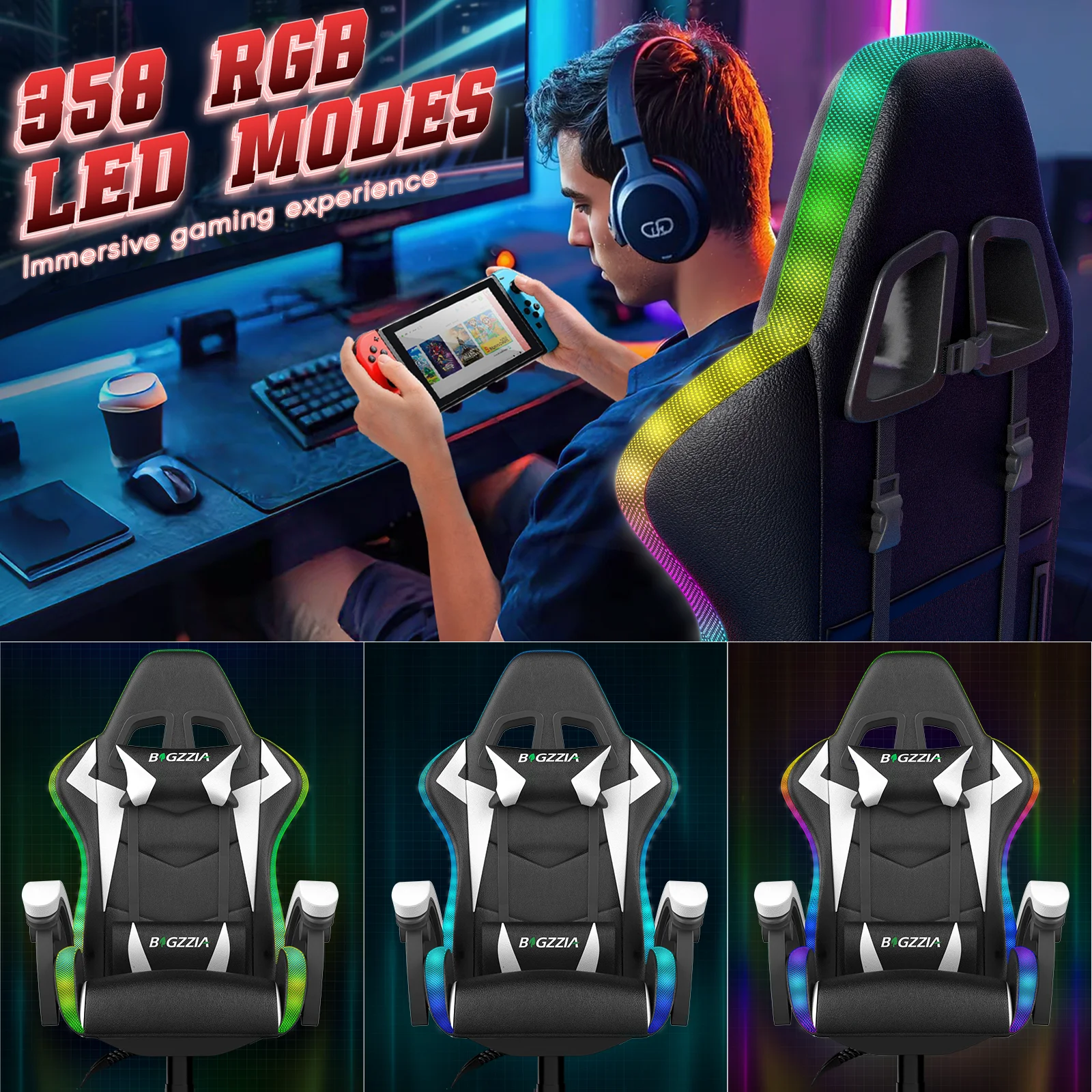 Bigzzia Gaming Chair with LED Lights Ergonomic Office Chair for Adults and Kids - Adjustable Height, 360�� Swivel, Headrest Support, Mesh PU Leather, Black & Green