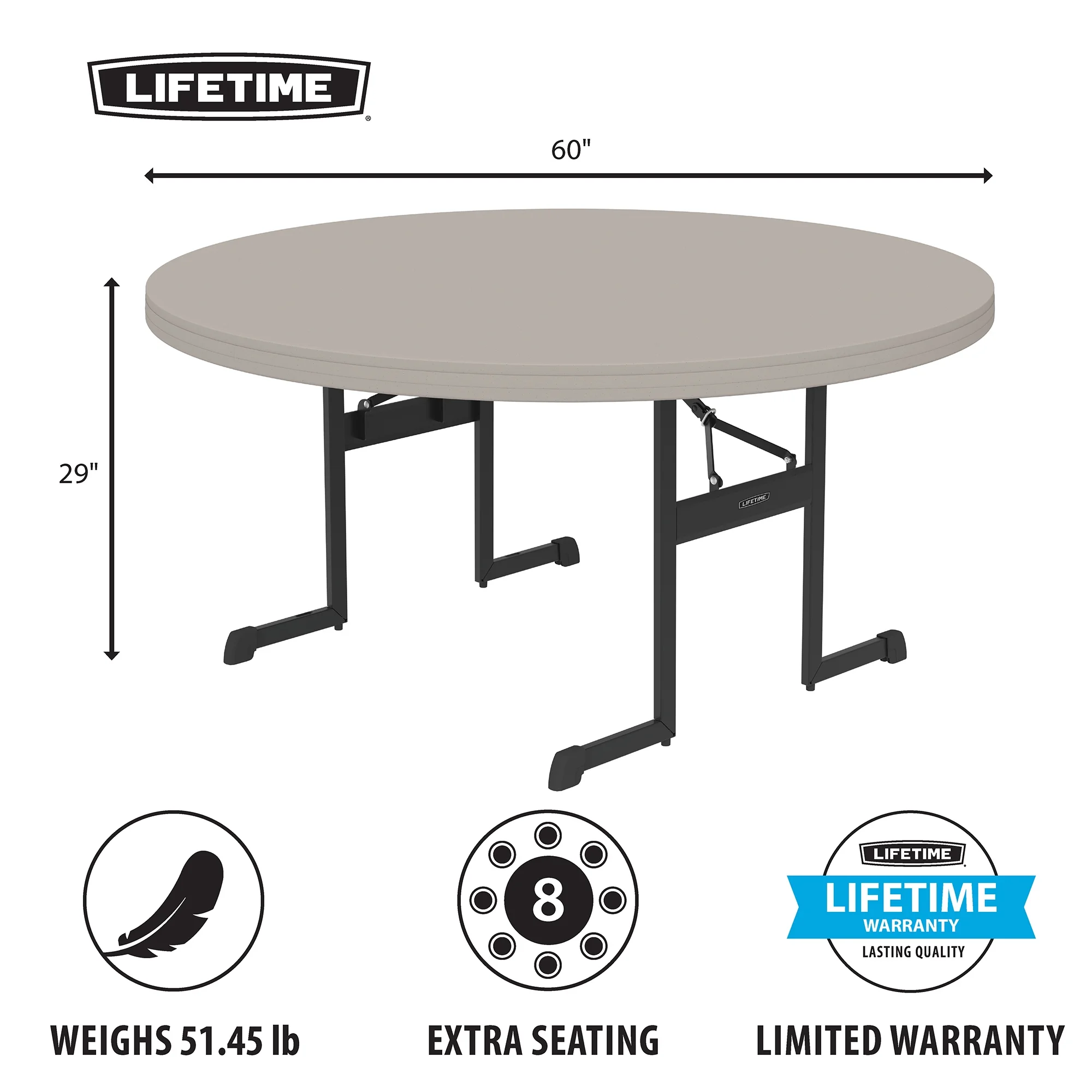 Lifetime 60 Inch Round Folding Table for Indoor and Outdoor Use, Professional Grade, Putty Color