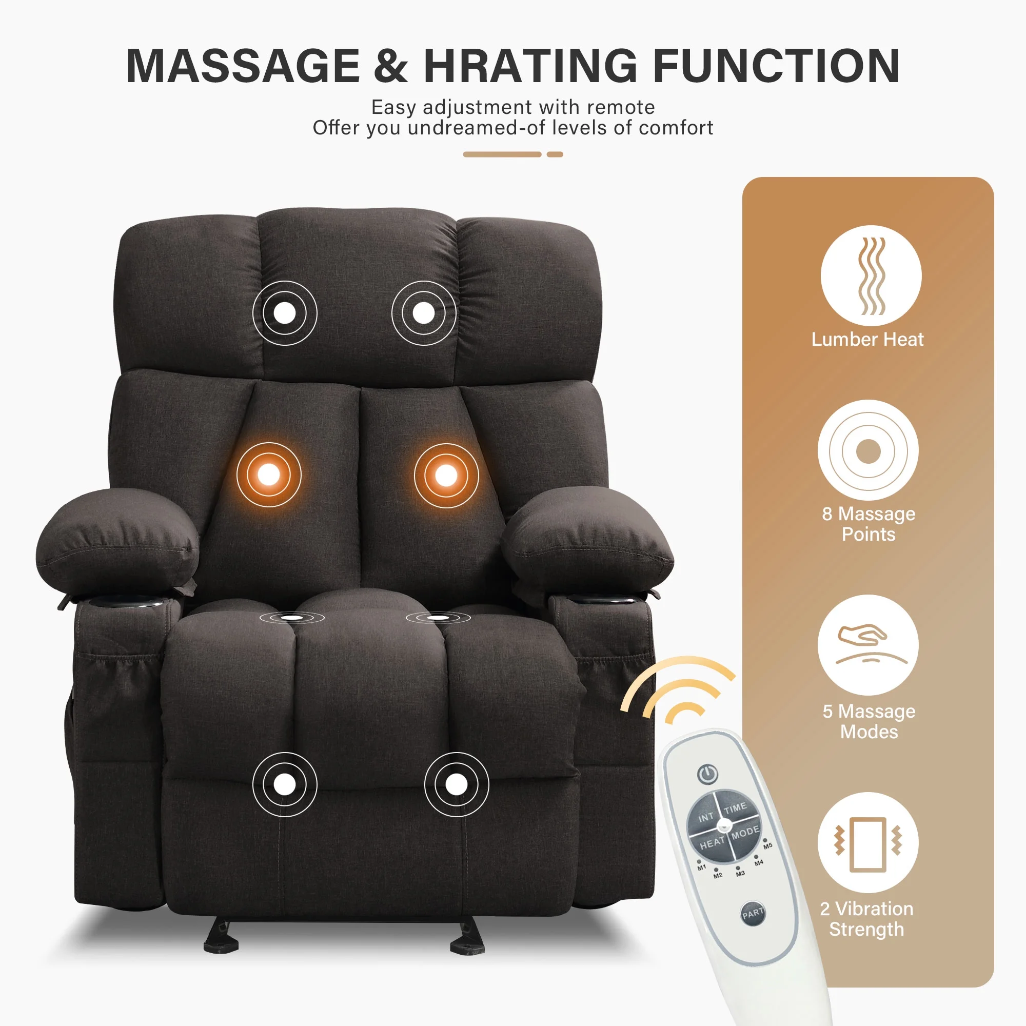 JONPONY Manual Recliner Chair with Heat Therapy and Massage Function, Heavy Duty Reclining Mechanism Massage Chair, Elderly Single Rocker Sofa with Cup Holders for Bedroom Home Theater,Grey