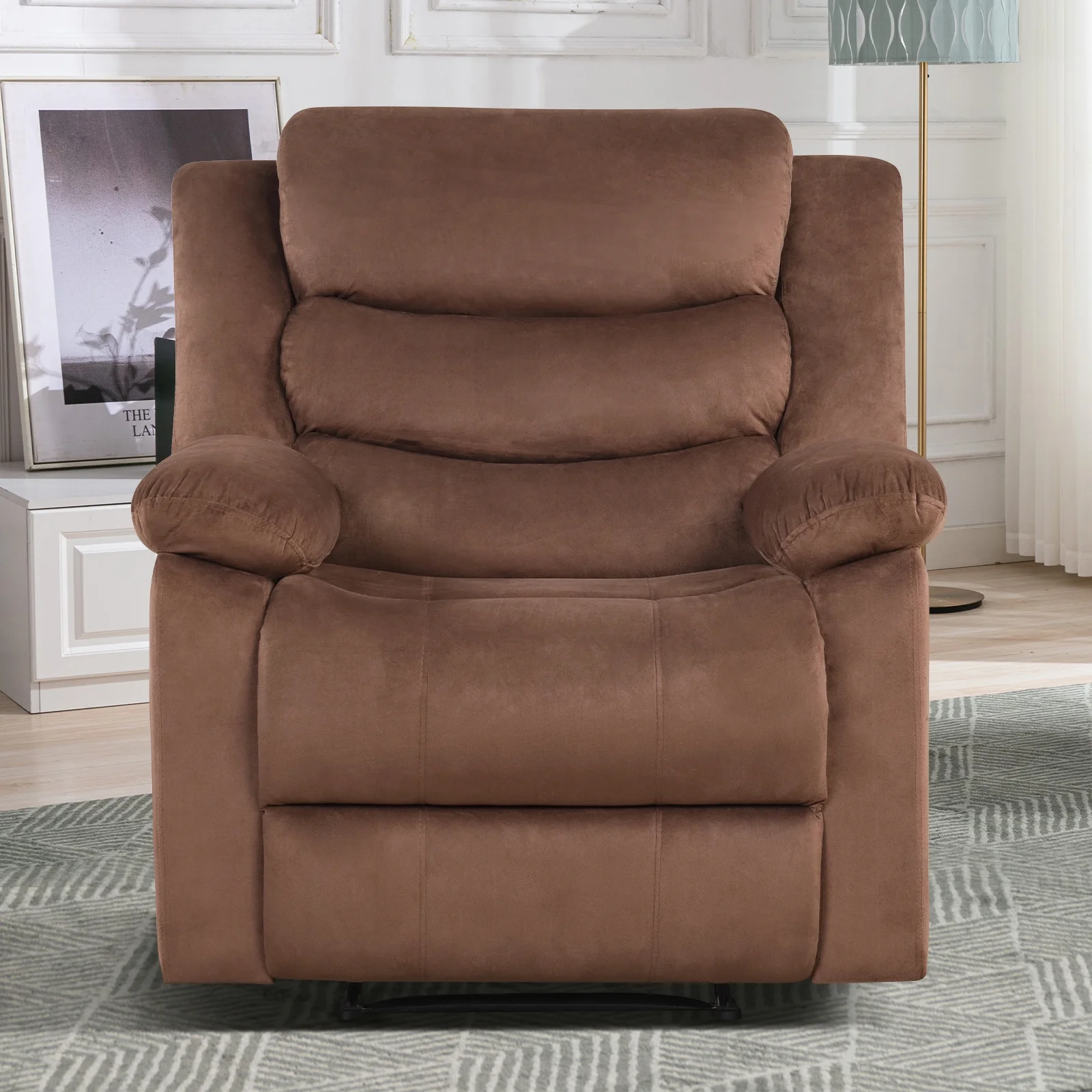 Bonzy Home Recliner Chairs for Living Room Overstuffed Breathable Fabric Reclining Chair Manual Sofa Brown