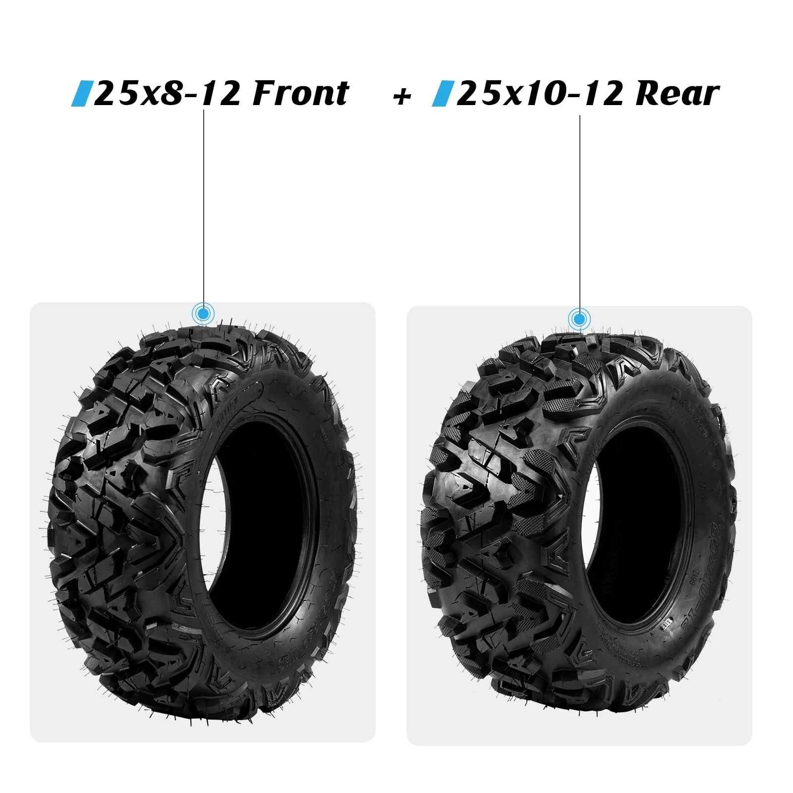 Ktaxon Set of 4 6PR All Terrain ATV UTV Tires, 25x8-12 Front & 25x10-12 Rear, Tubeless
