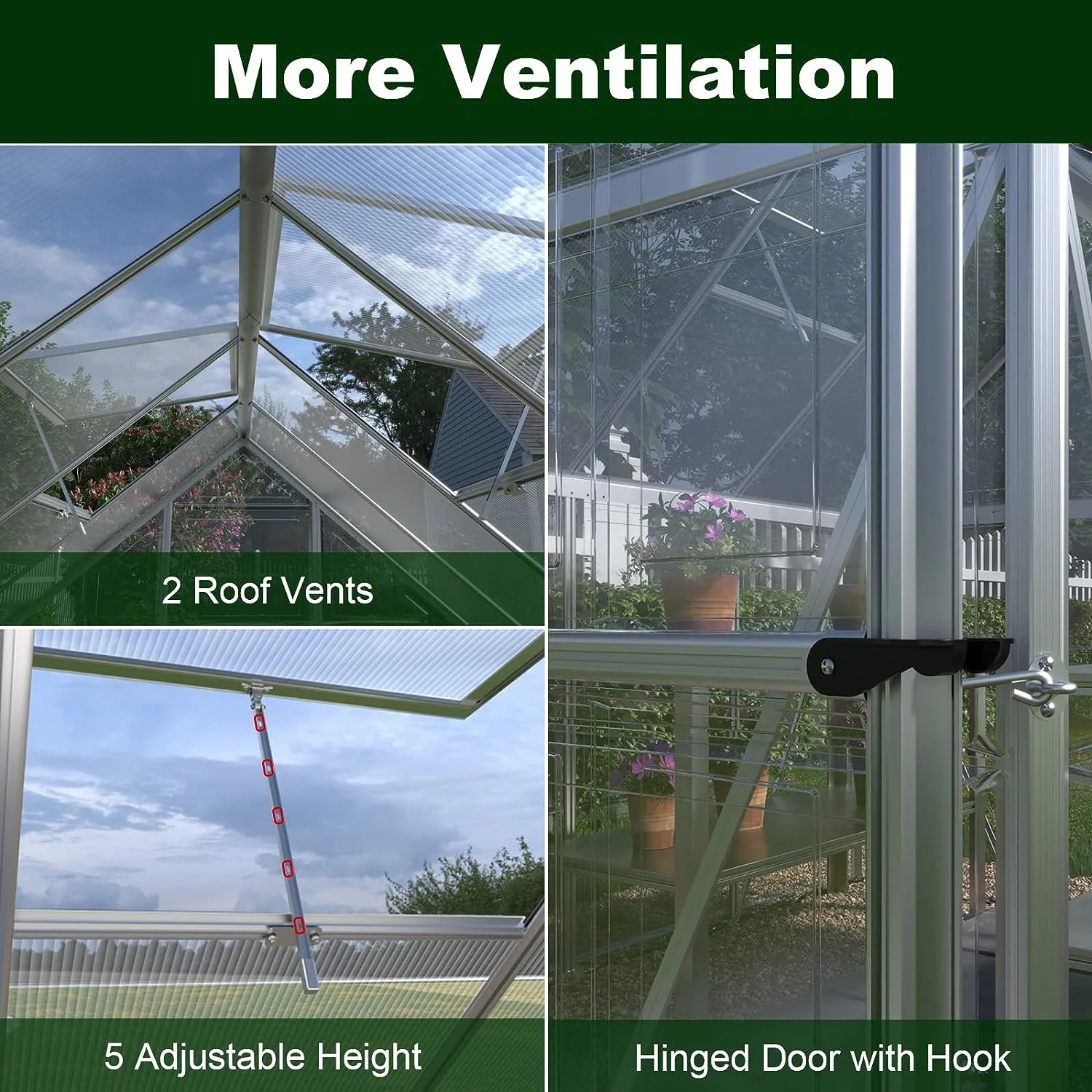 Jocisland 8x8x7 FT Polycarbonate Walk-In Greenhouse with Aluminum Frame, 2 Top-Opening Windows & 2 Swing Doors, Heavy Duty for Outdoor Garden Use, Black