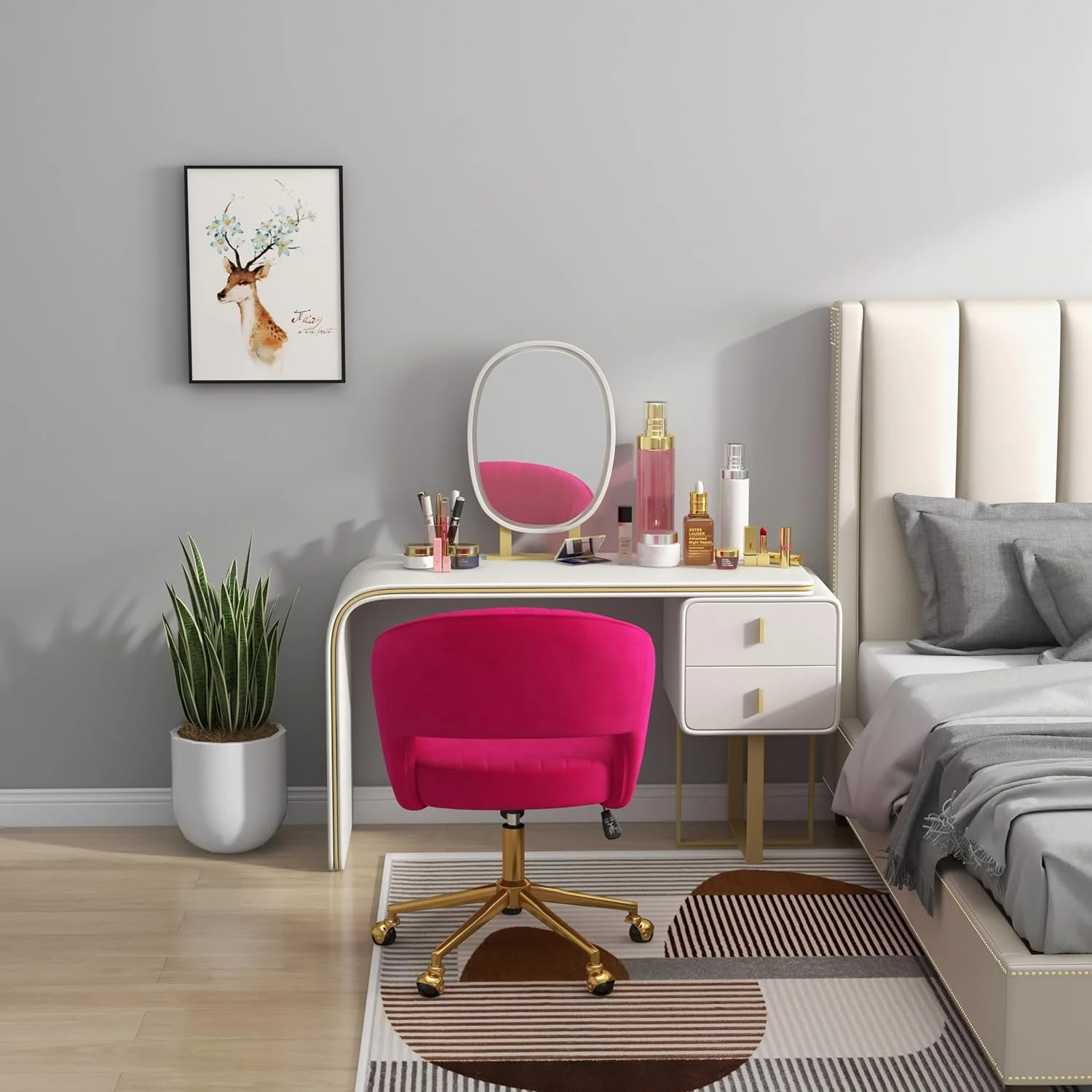 Westice Home Office Desk Chairs, Velvet Task Chair, Height Adjustable Swivel Vanity Chair with Golden Base for Vanity Study, Living Room Computer Room, Beige