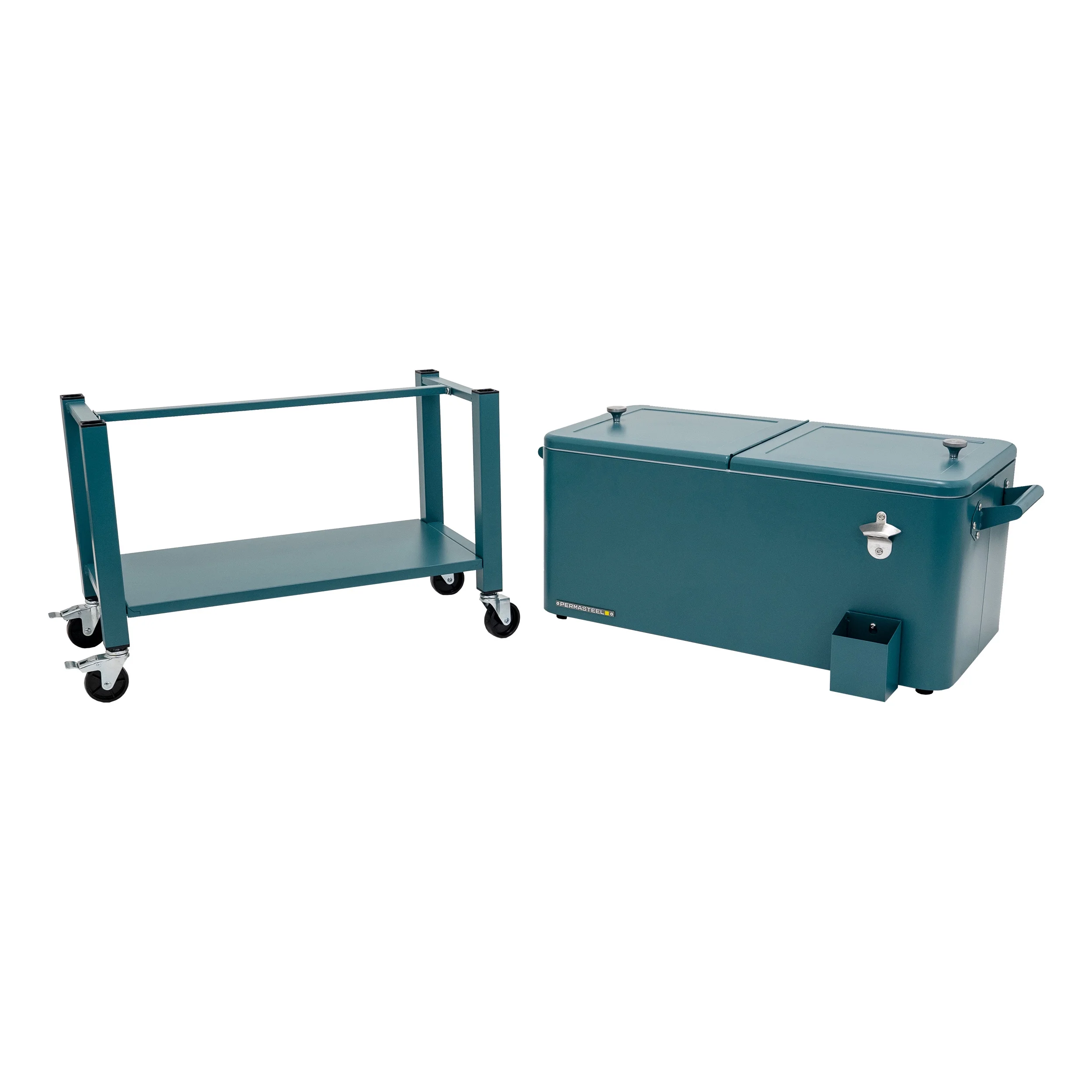 Permasteel 80-Qt Outdoor Steel Patio Cooler with Removable Basin, Rolling Cooler with Wheels, Teal Green