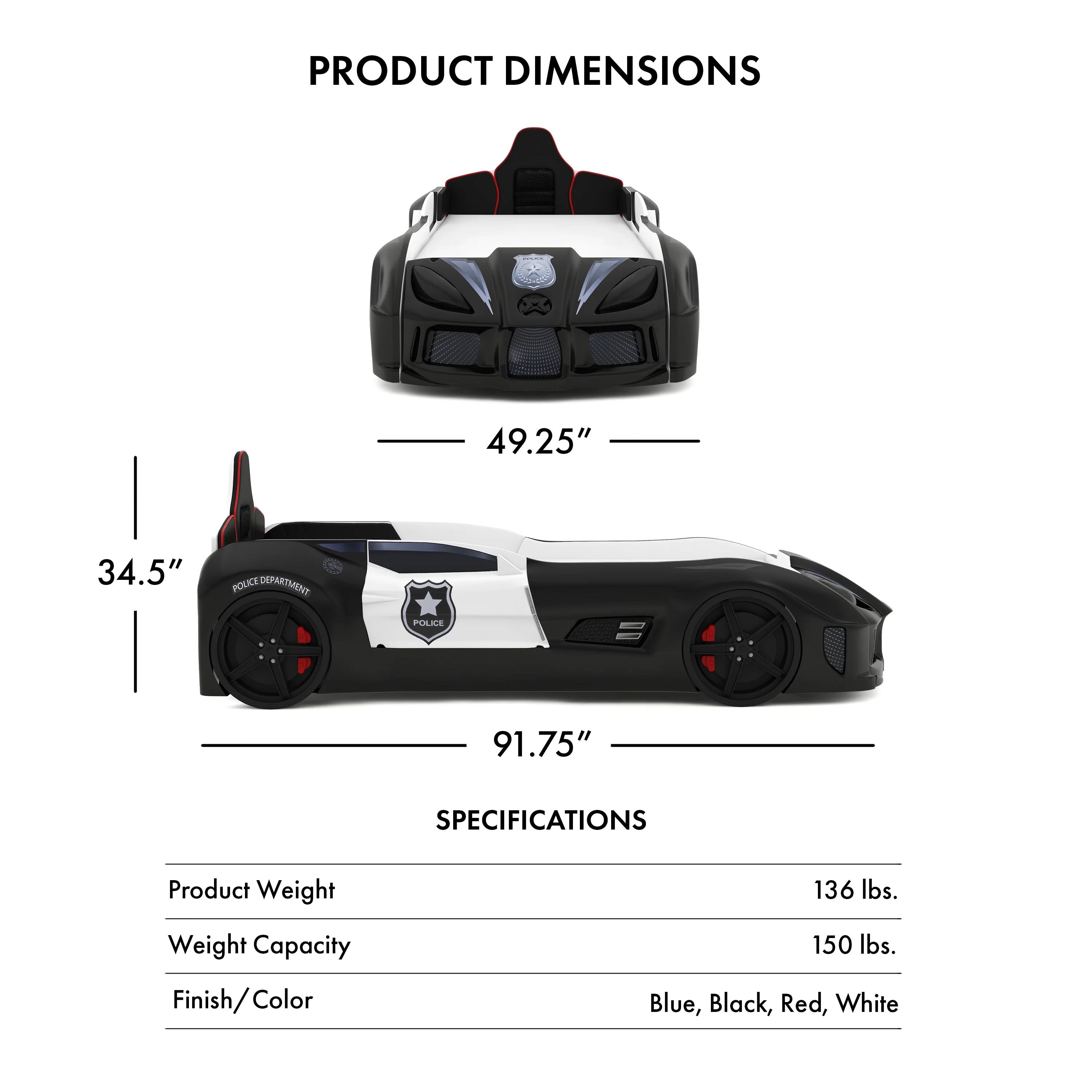 Furniture of America Dash Kids Plastic Twin Race Car Bed with LED and Sound, White
