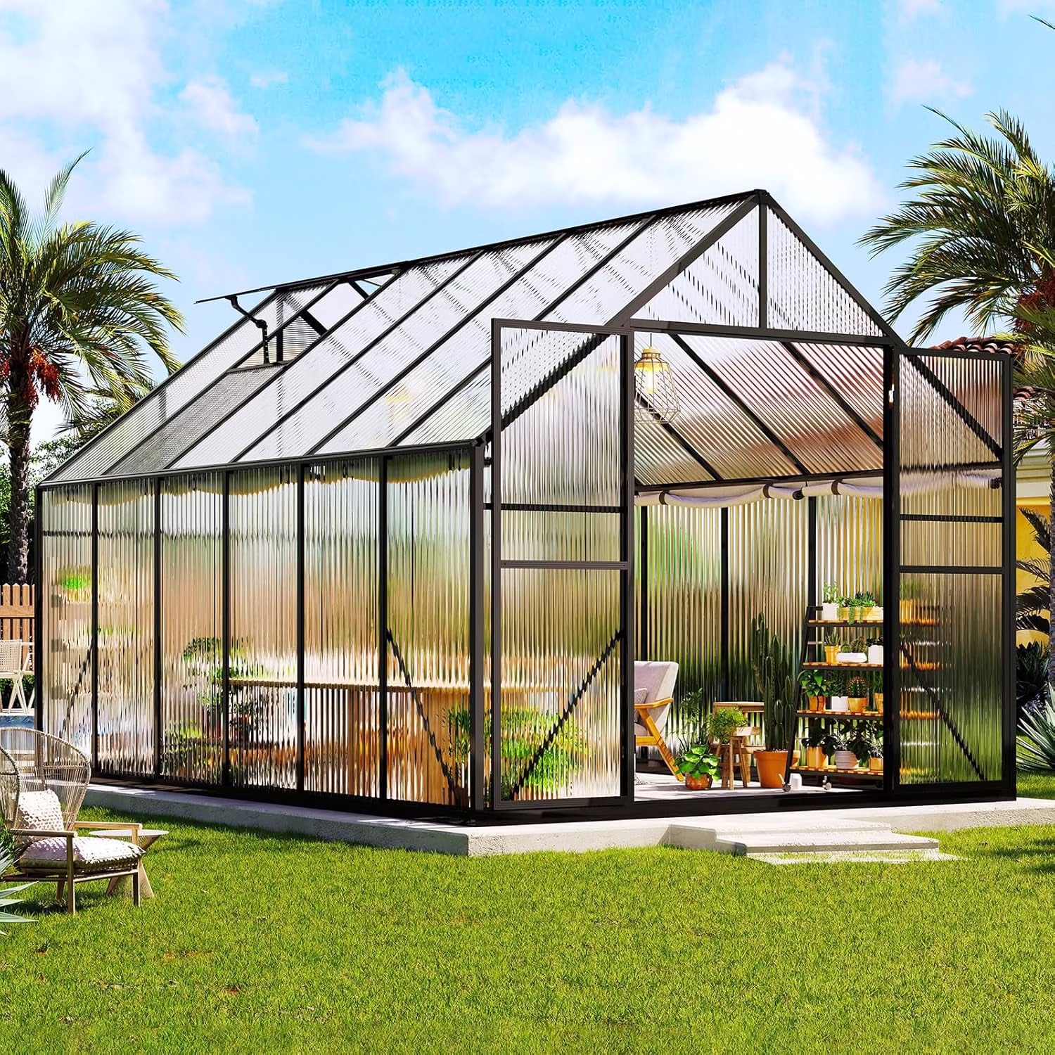 Jocisland 8x8x7 FT Polycarbonate Walk-In Greenhouse with Aluminum Frame, 2 Top-Opening Windows & 2 Swing Doors, Heavy Duty for Outdoor Garden Use, Black