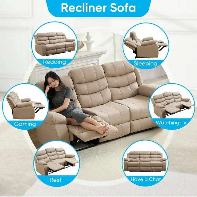 MUZZ Modern Reclining Sofa ,3-Seater Recliner Sofa with Cup Holders, Flip-Up Storage, Reversible Backrest and Footrest, Gray