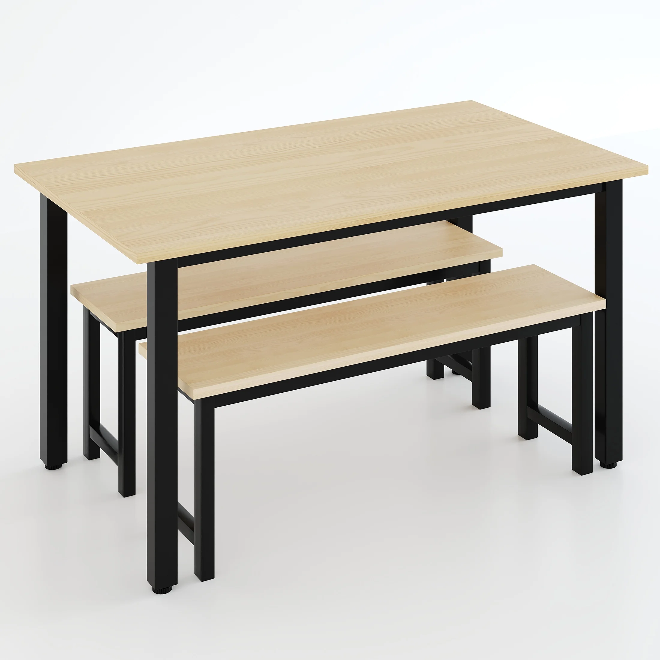 UHOMEPRO Dining Room Table Set, 3-Piece Dining Table Set with 2 Benches, Kitchen Table Set for 4 with Metal Frame, Modern Dining Room Set Furniture Set for Bar Dining Room Breakfast Nook, Black