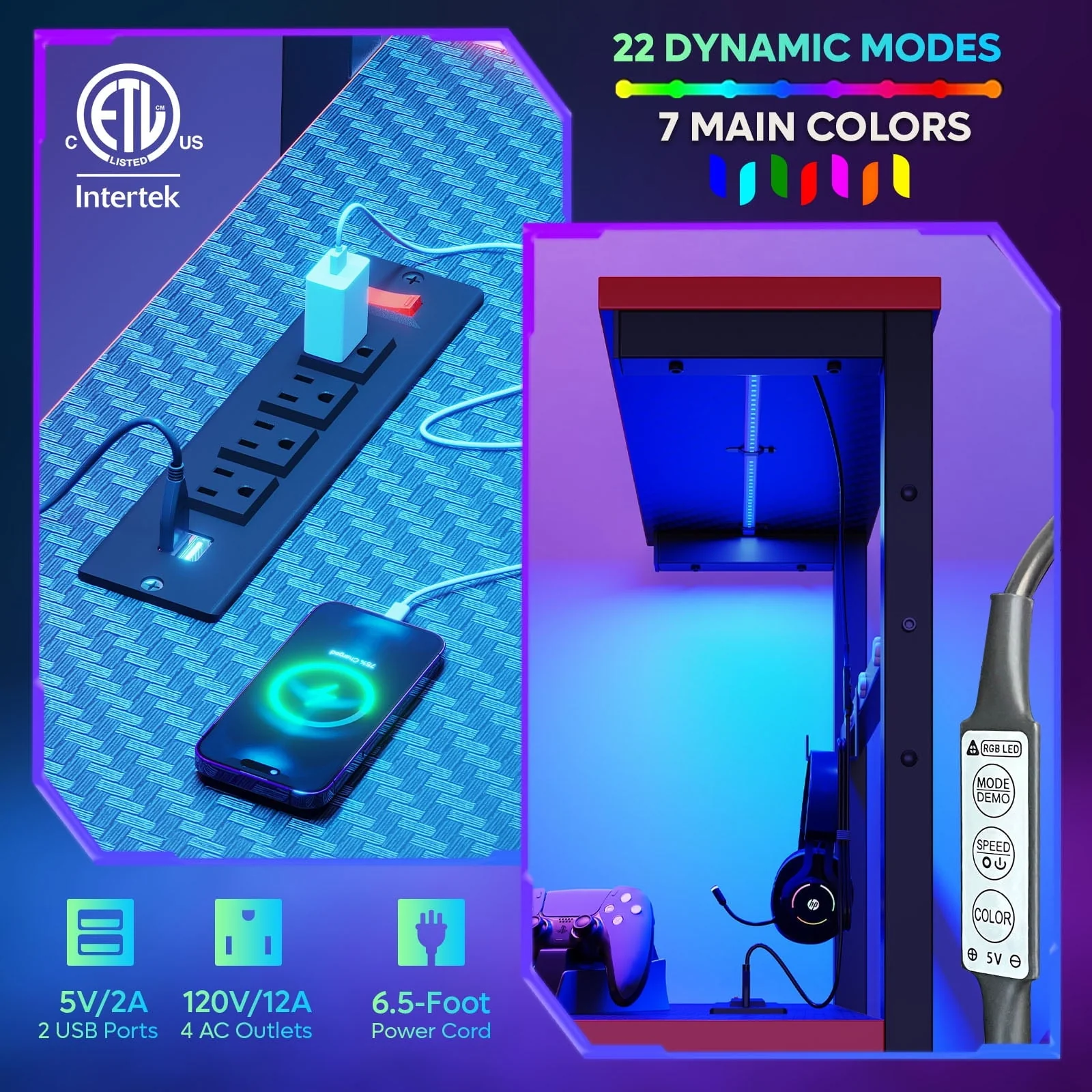 Bestier 47 inch LED Gaming Desk with Outlets & USB Ports Computer Desk with Storage Shelves  in Black Carbon Fiber