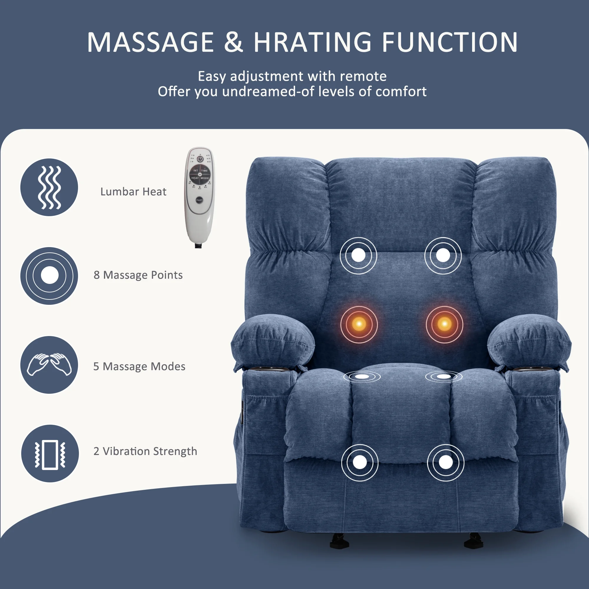 JONPONY Manual Recliner Chair with Heat Therapy and Massage Function, Heavy Duty Reclining Mechanism Massage Chair, Elderly Single Rocker Sofa with Cup Holders for Bedroom Home Theater,Grey