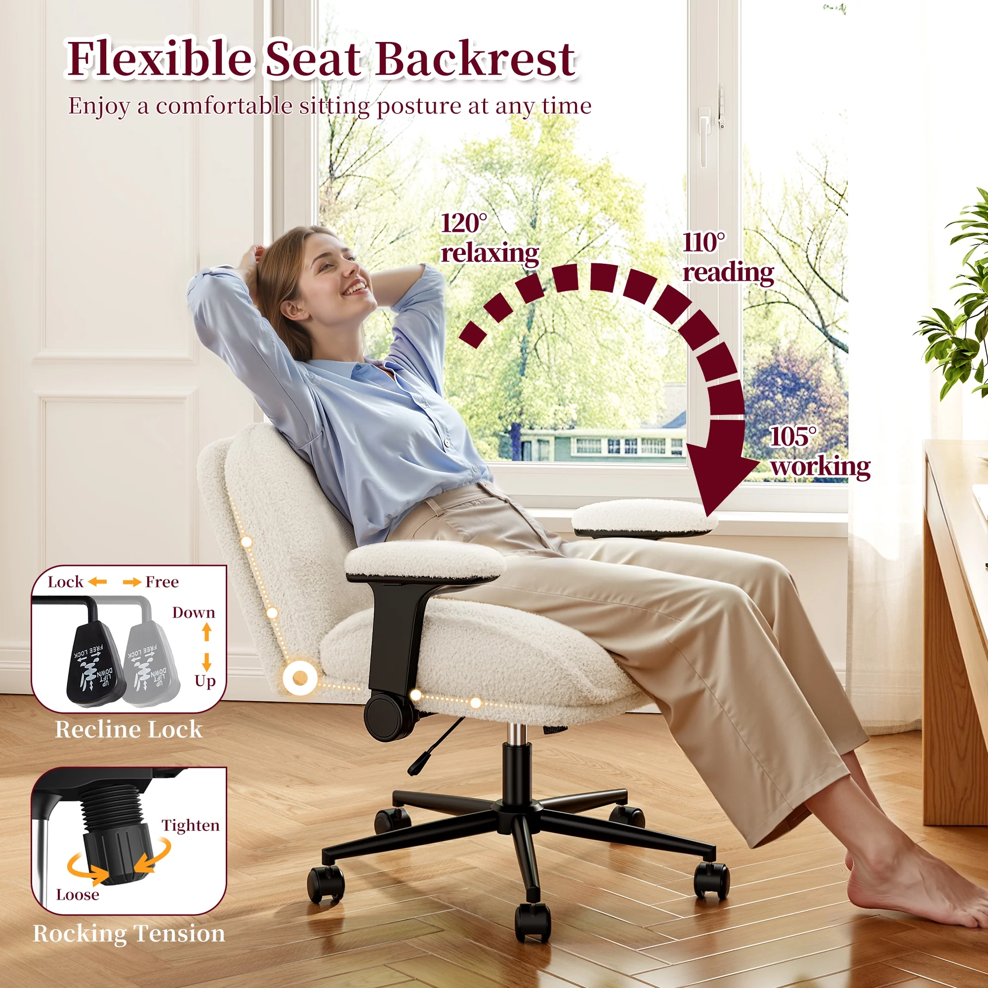 Romorgniz Criss Cross Chair with Adjustable Arms & Lumbar Support Office Chair with Reclining Back, Thick Cushion & Wheels for Office, Gaming, Reading, Vanity, Off-White