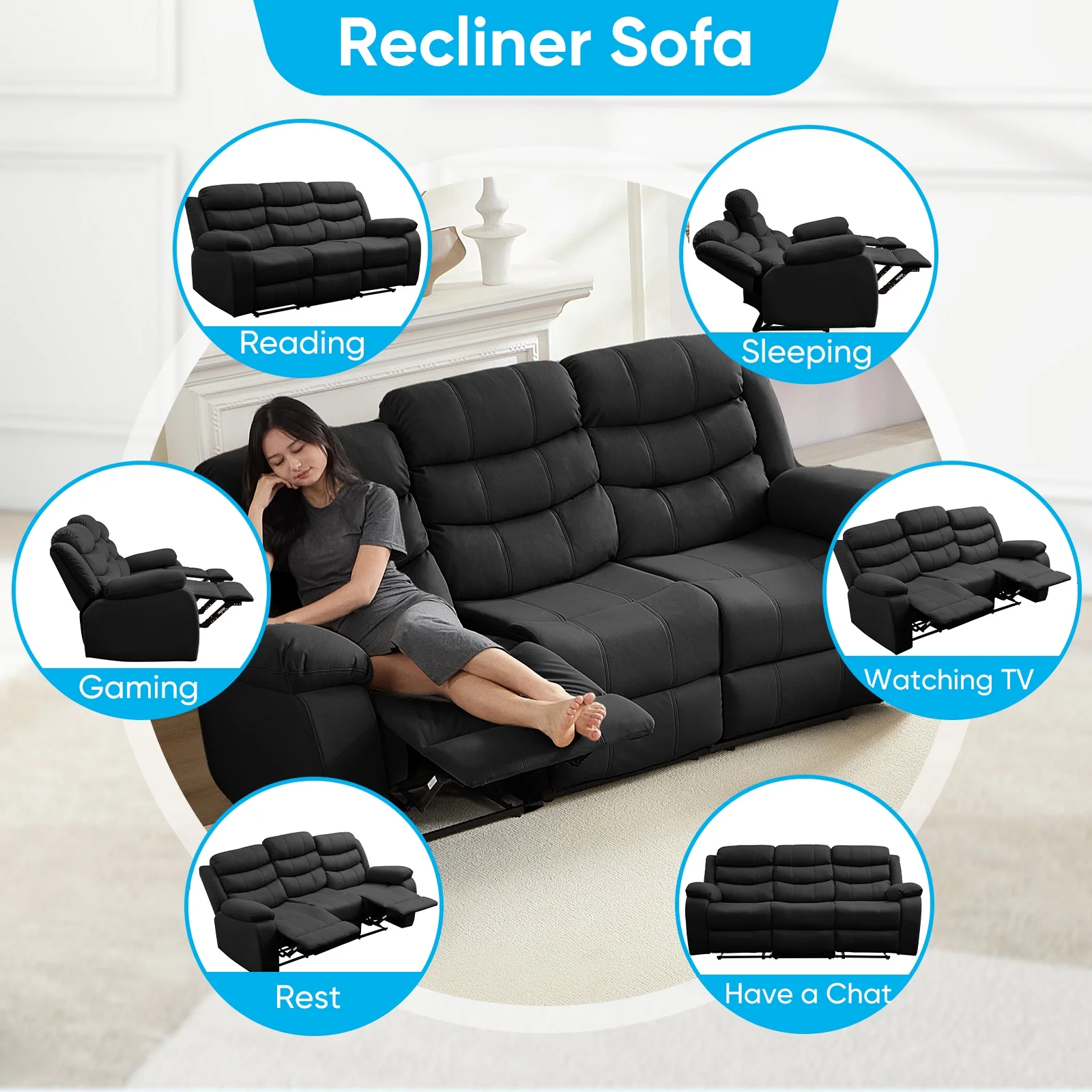 MUZZ Modern Reclining Sofa ,3-Seater Recliner Sofa with Cup Holders, Flip-Up Storage, Reversible Backrest and Footrest, Gray