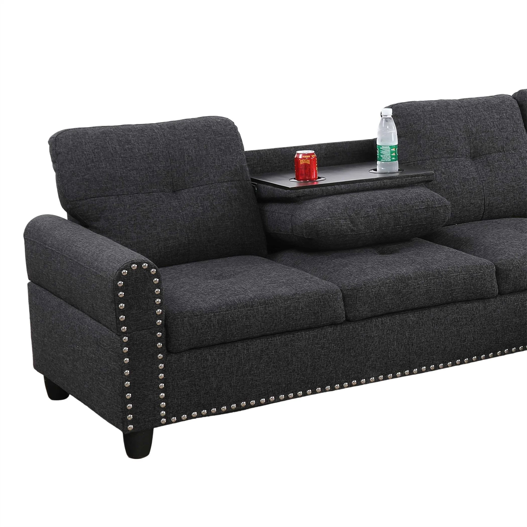 Aukfa 3 Piece Sectional Sofa, Living Room Couch with Storage Ottoman&Cup Holder, Linen, Left Hand, Black Gray