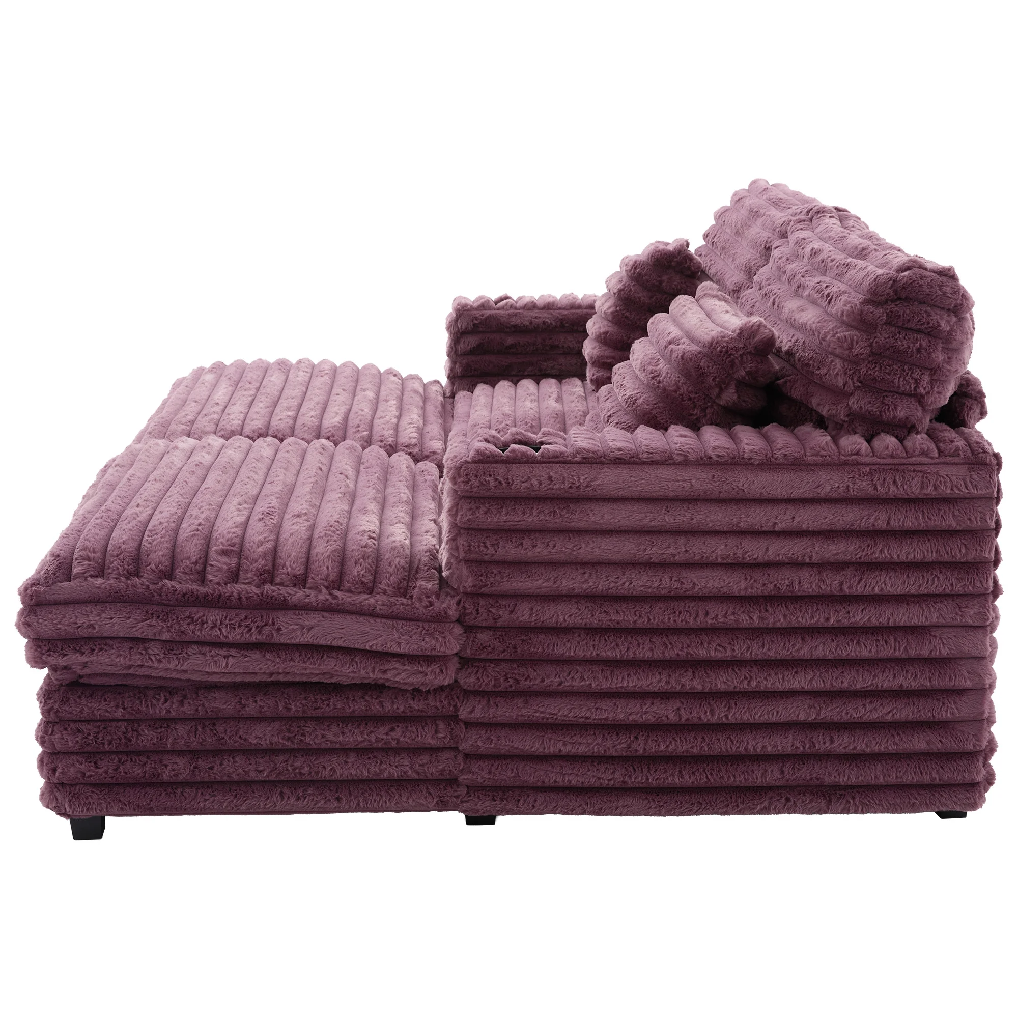 Oversized Double Chaise Lounge, Faux Fur Upholstered Deep Seat Sofa with 2 Pillows, 2 Cupholders, and Dual USB Ports