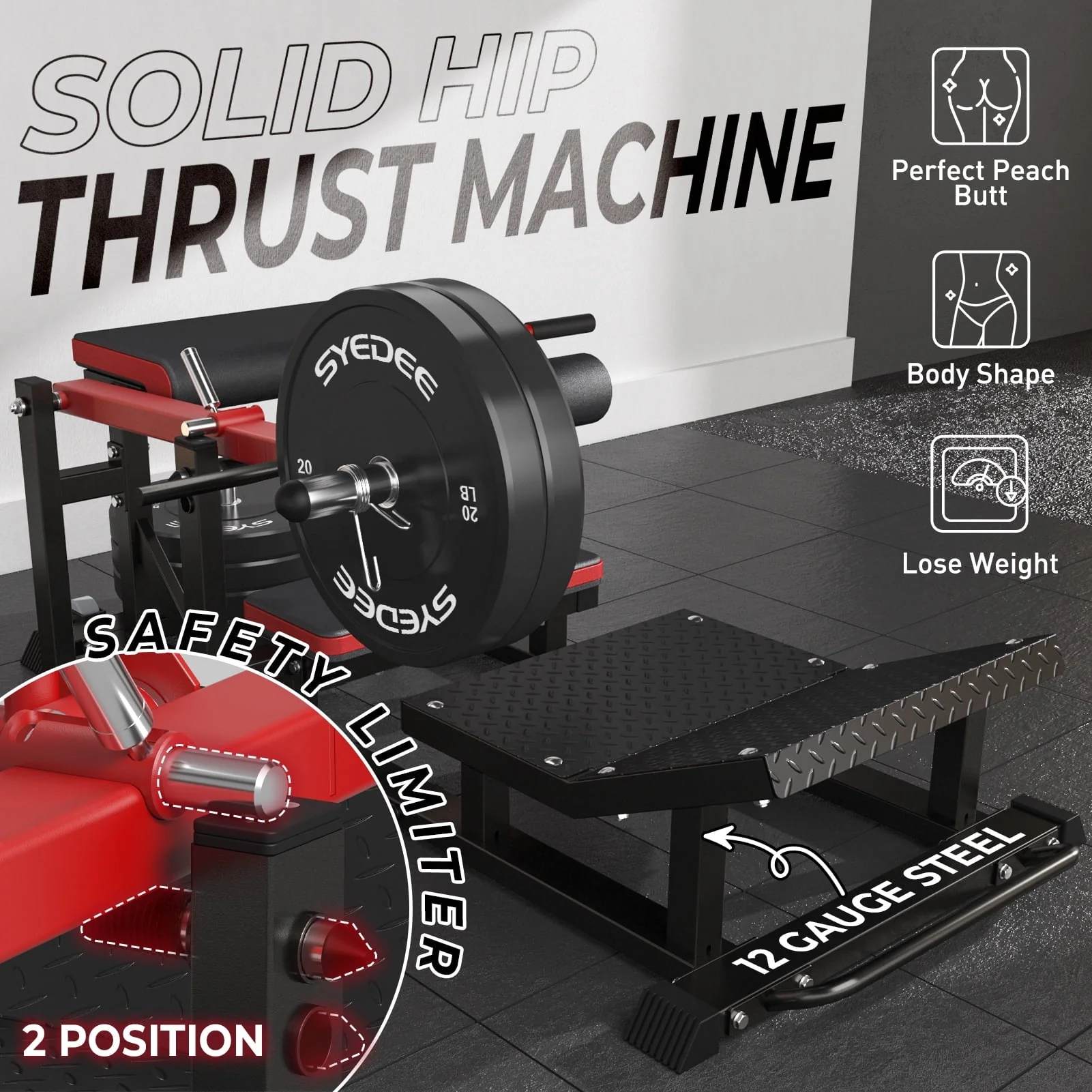 syedee Glute Bridge Machine, Heavy Duty Plate-Loaded Hip Thrust Machine, Glute Drive Machine for Glute Muscles Shaping(Red)