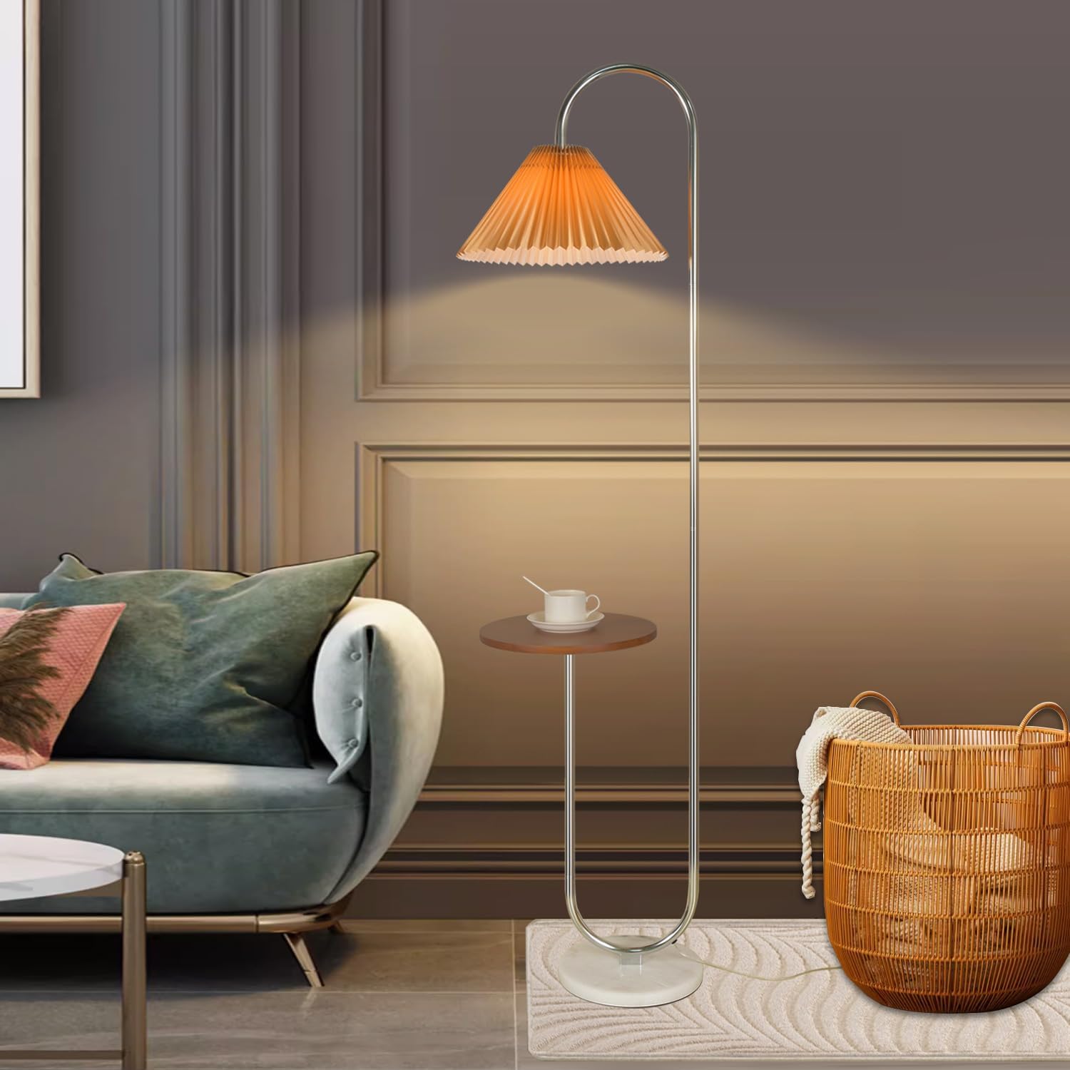 Modern Elegant with Tray Floor Lamp for Office Cafe Den Living Room Bedroom, Foot Switch and Brass/Gold Finish,Light Yellow Pleated Cloth Lampshade