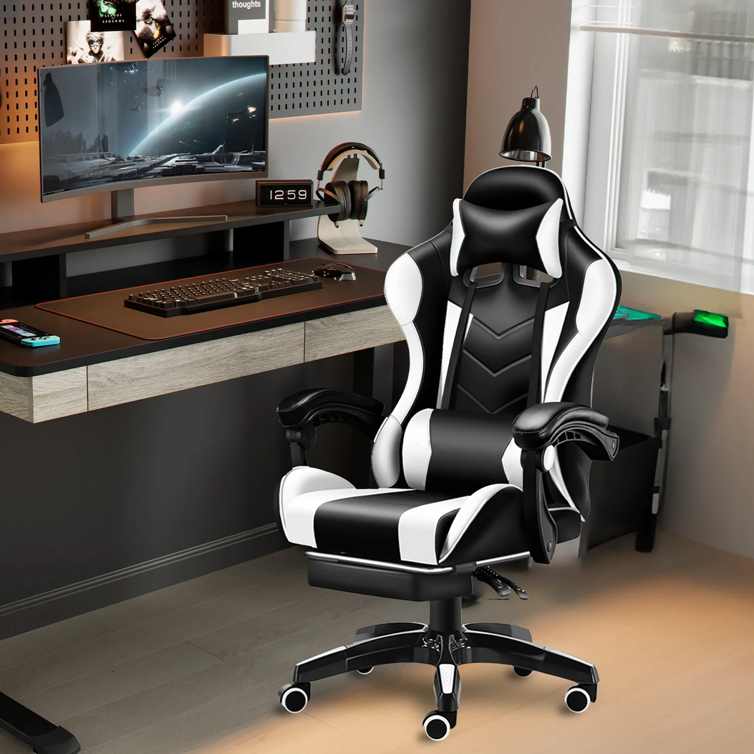 Gaming Chair with Adjustable Footrest,Eighteentek High Back Office Chair with Lumbar Support & Adjustable Headrest Video Game Chairs for Adults Black