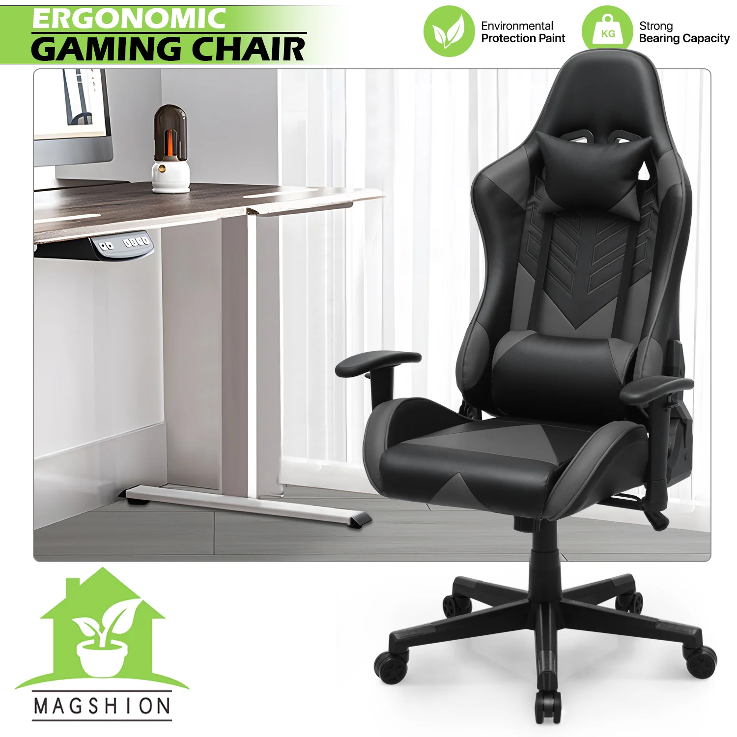 Magshion Ergonomic Gaming Chair, Comfortable Gaming Chair, Computer Chair Leather Desk Chair Adjustable Swivel Gaming Office Chair, Blue